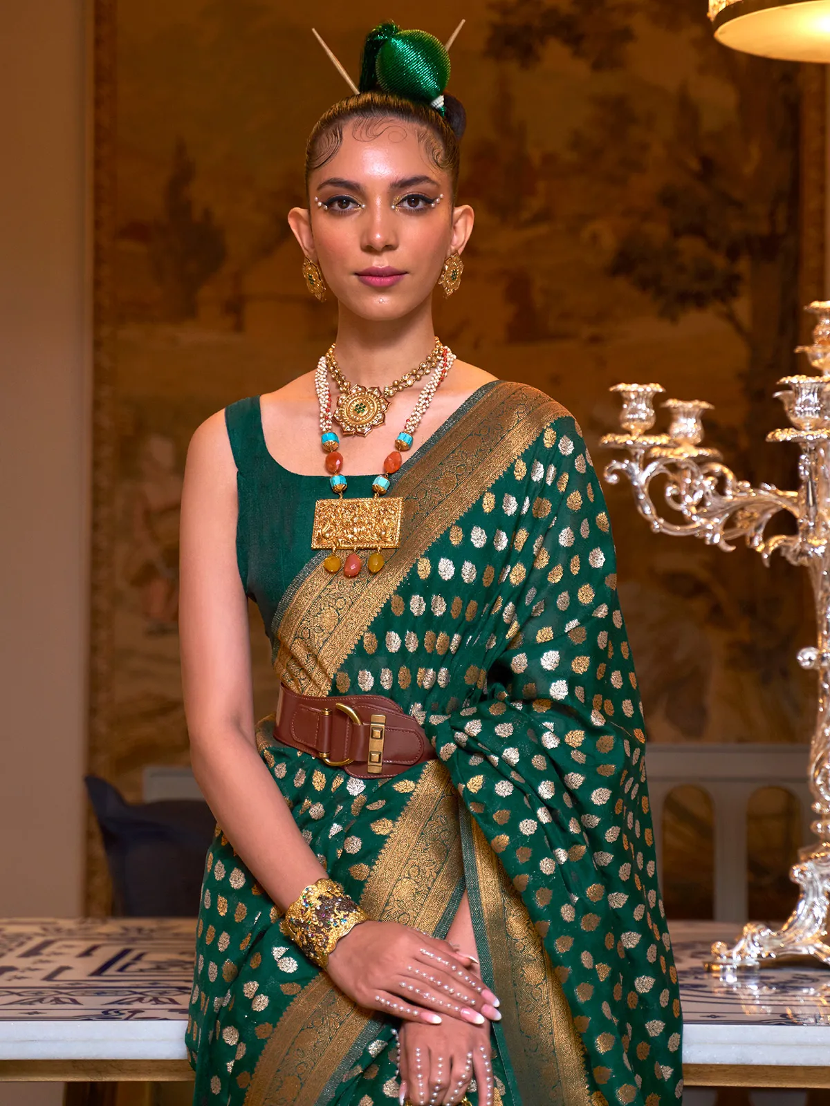 Zari weaving dark green silk saree