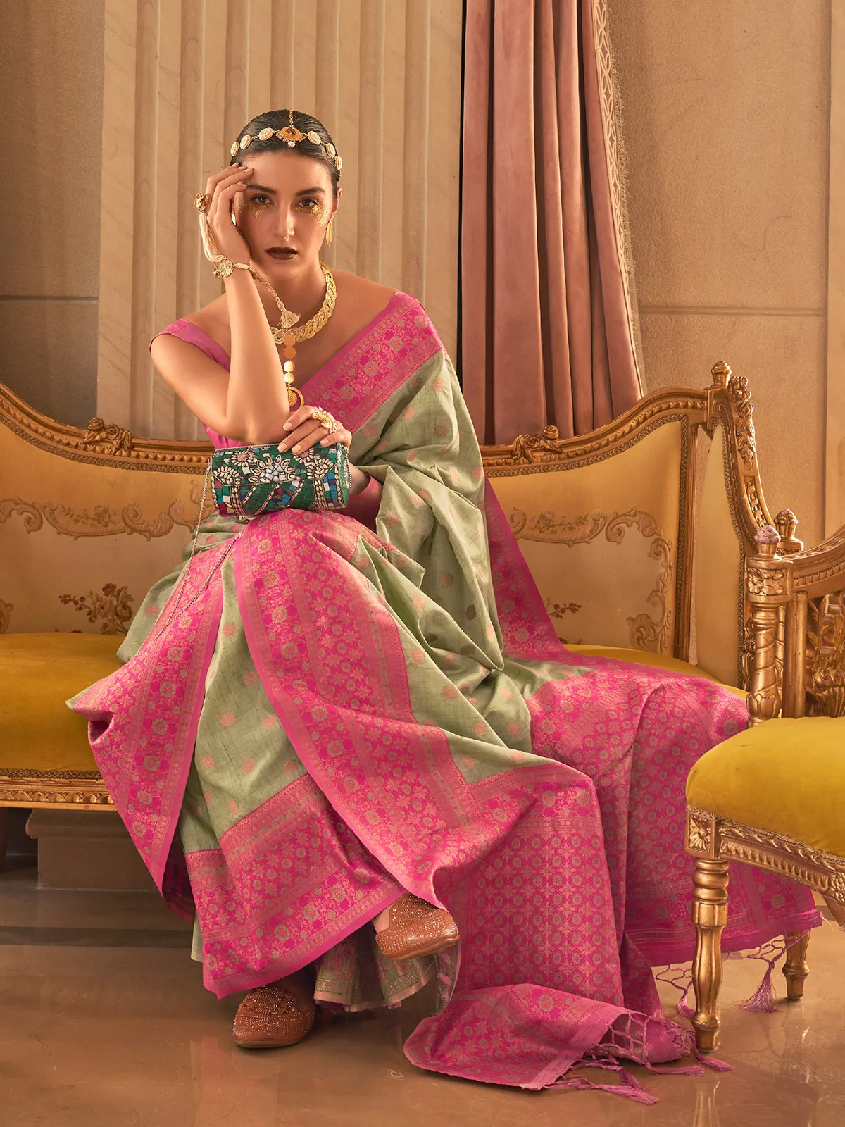 Zari weaving silk saree in green