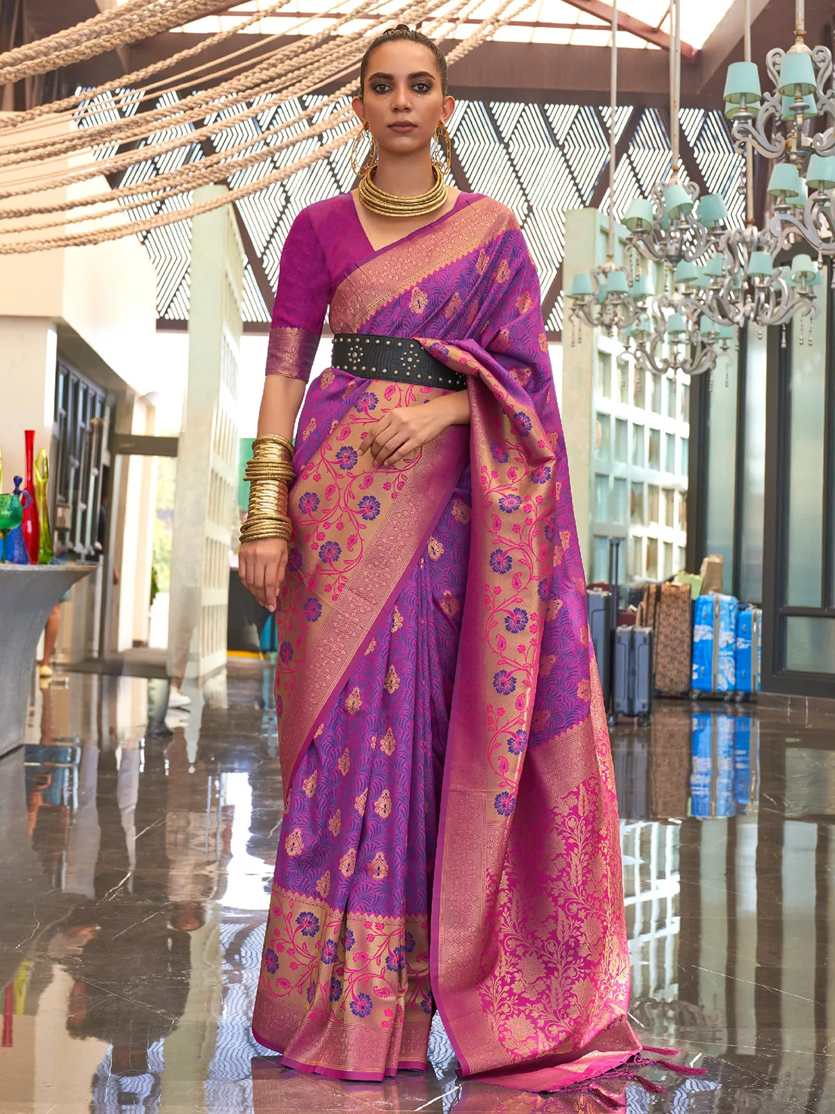 Zari woven purple silk saree