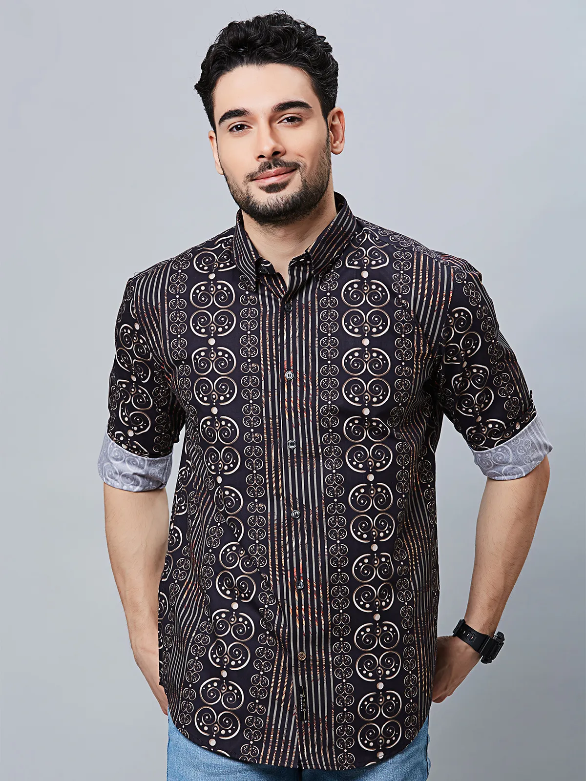 River Blue latest printed navy cotton shirt