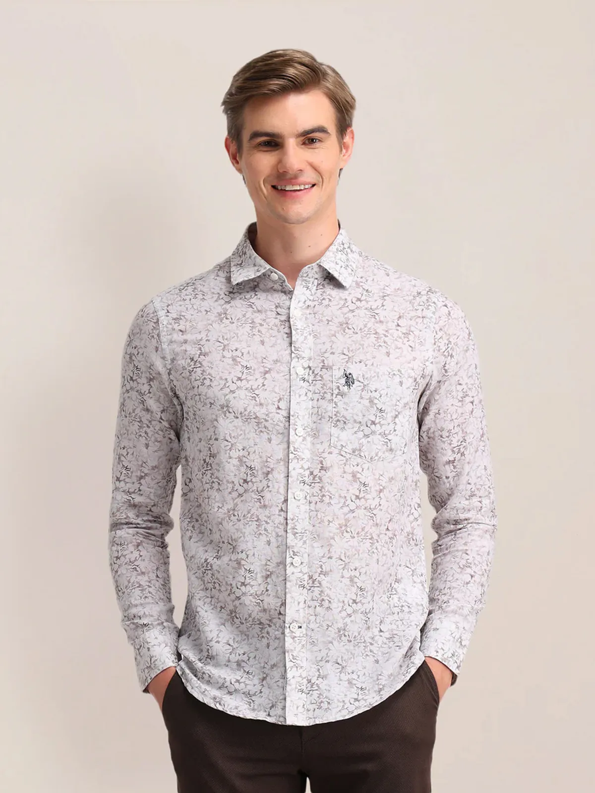 US POLO floral printed white pure cotton shirt