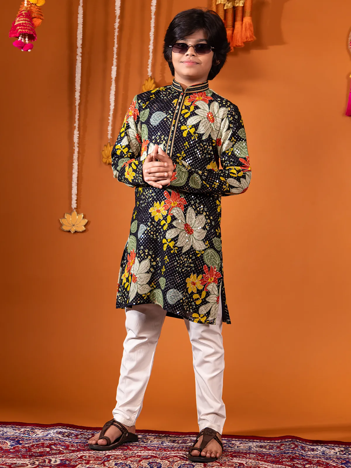 Stunning black georgette kurta suit with sequins for boys