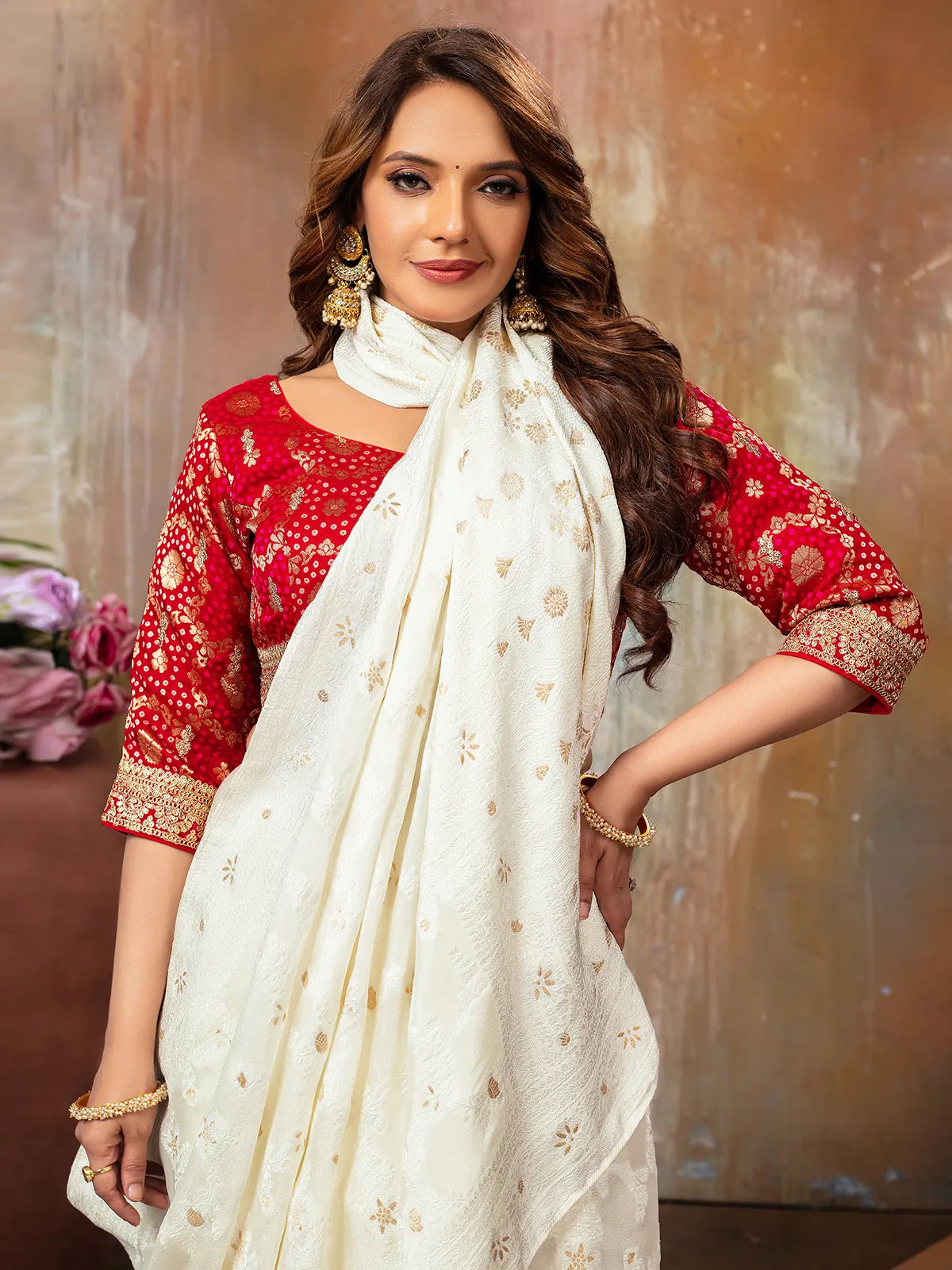 Trendy white georgette saree for wedding