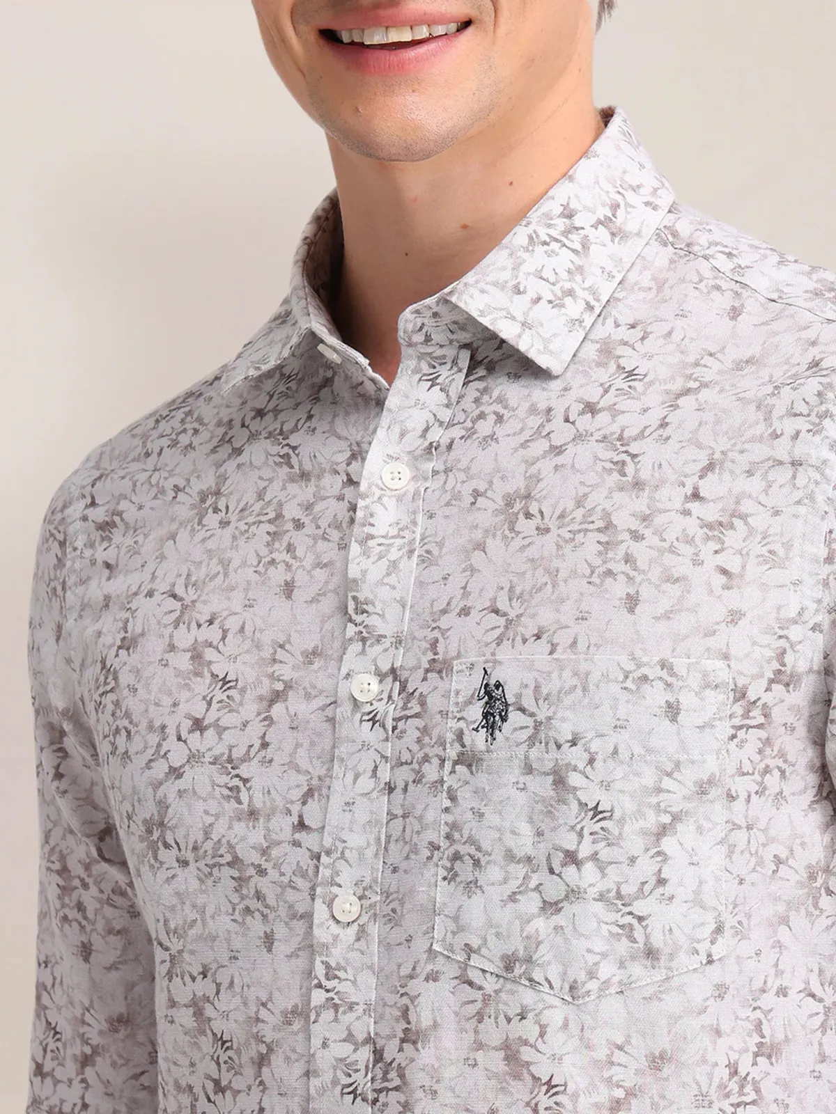 US POLO floral printed white pure cotton shirt