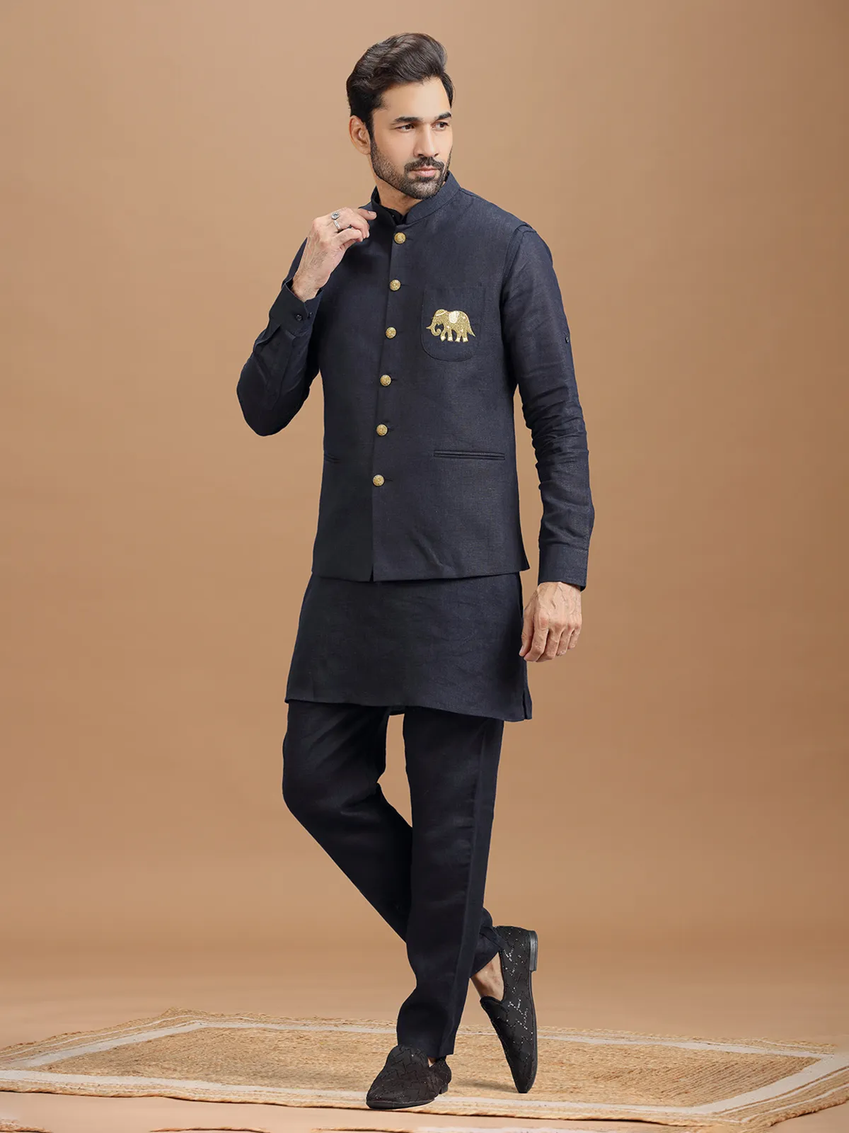 Navy blue linen waistcoat set with zari elephant embroidery