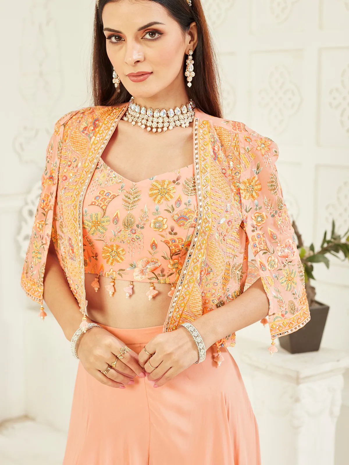 Peach georgette jacket palazzo suit with mirror work for women