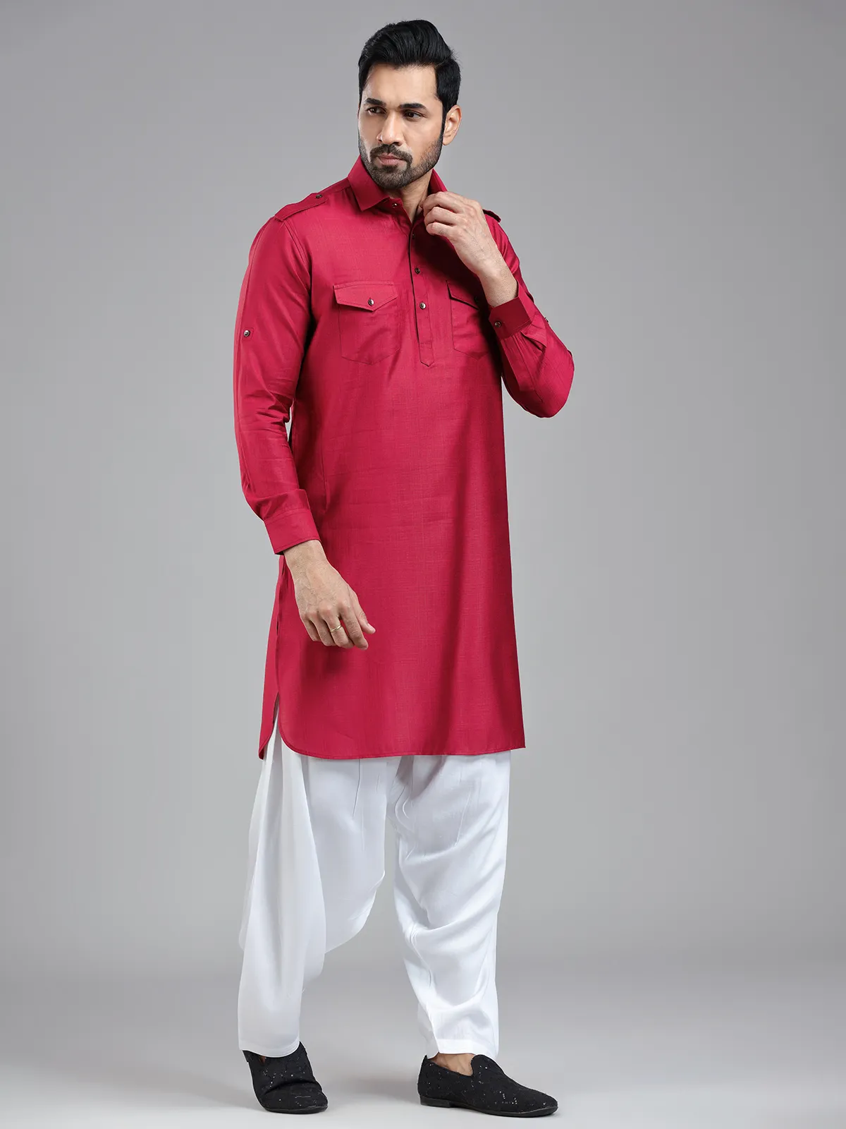 Luxurious dark maroonish red mens pathani kurta set