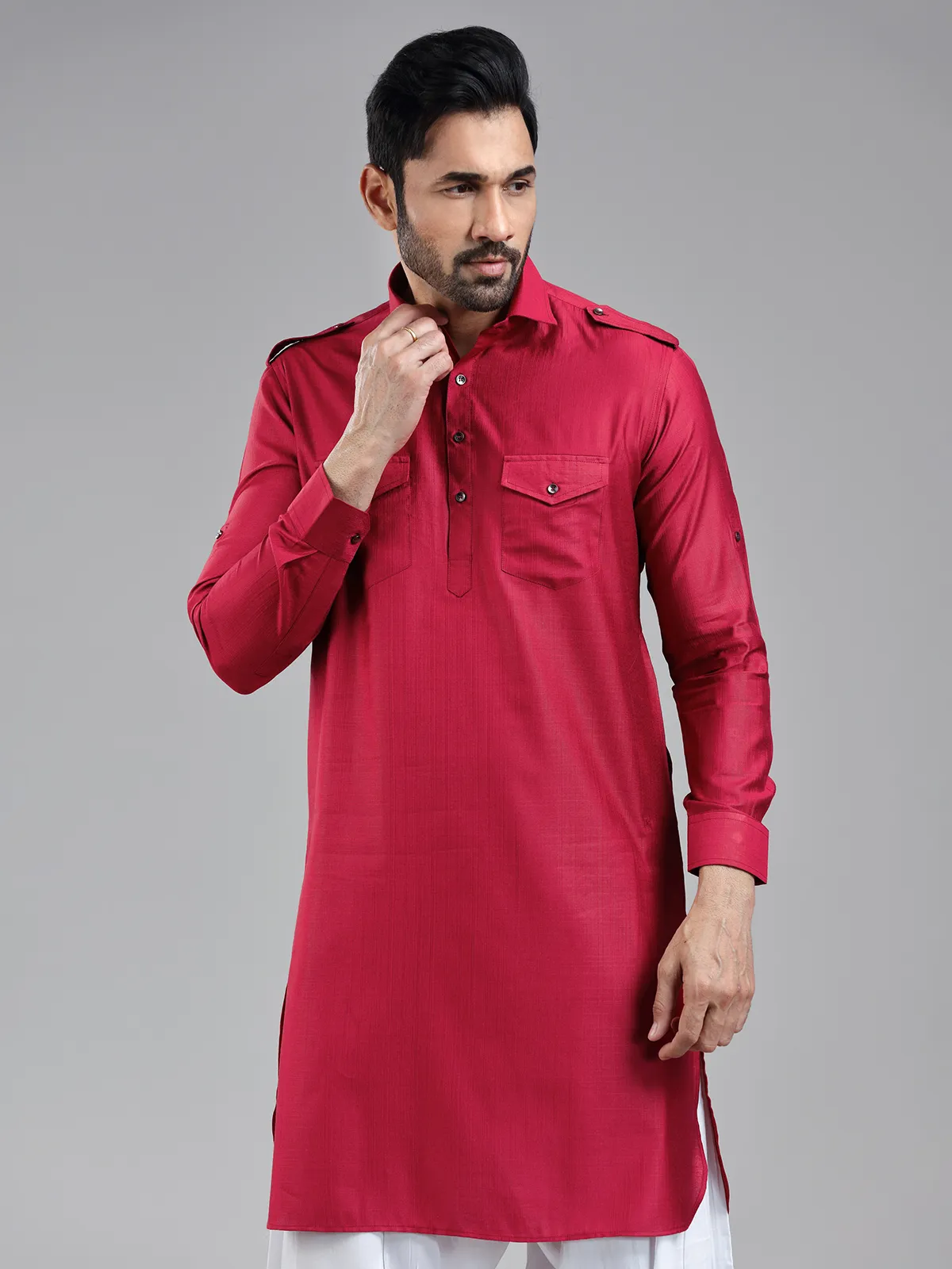 Luxurious dark maroonish red mens pathani kurta set