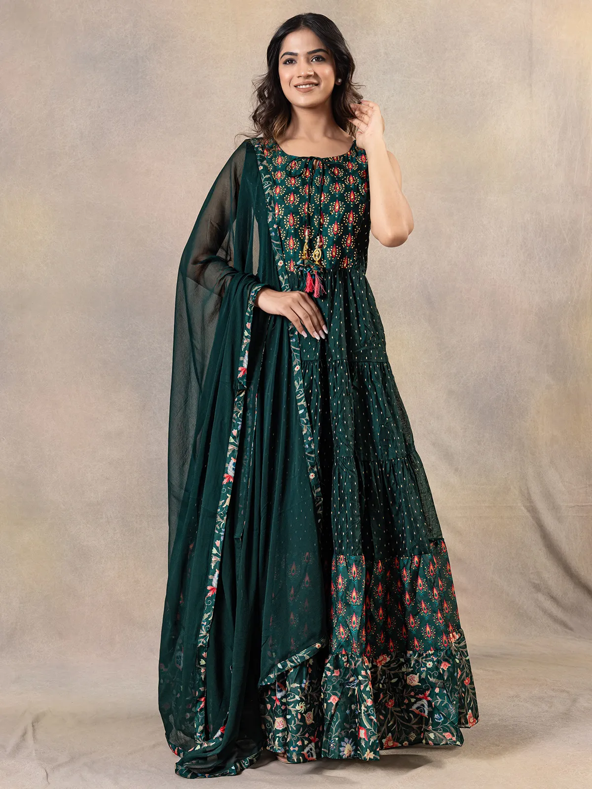 Bottle green cotton silk anarkali suit for festive