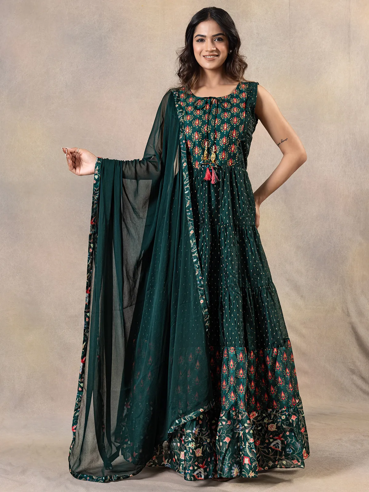 Bottle green cotton silk anarkali suit for festive