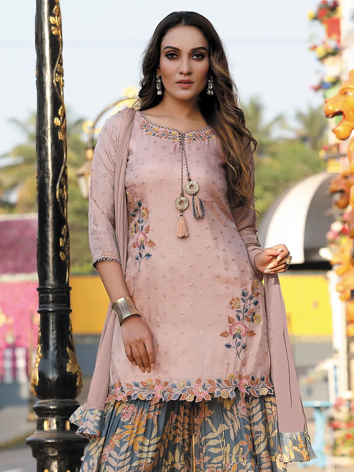 Pink and grey silk sharara suit