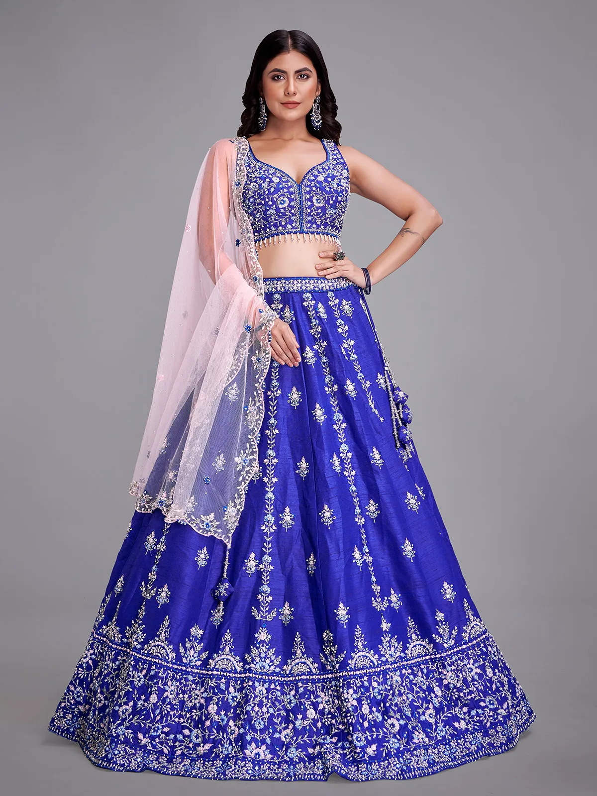 Attractive royal blue raw silk lehenga choli