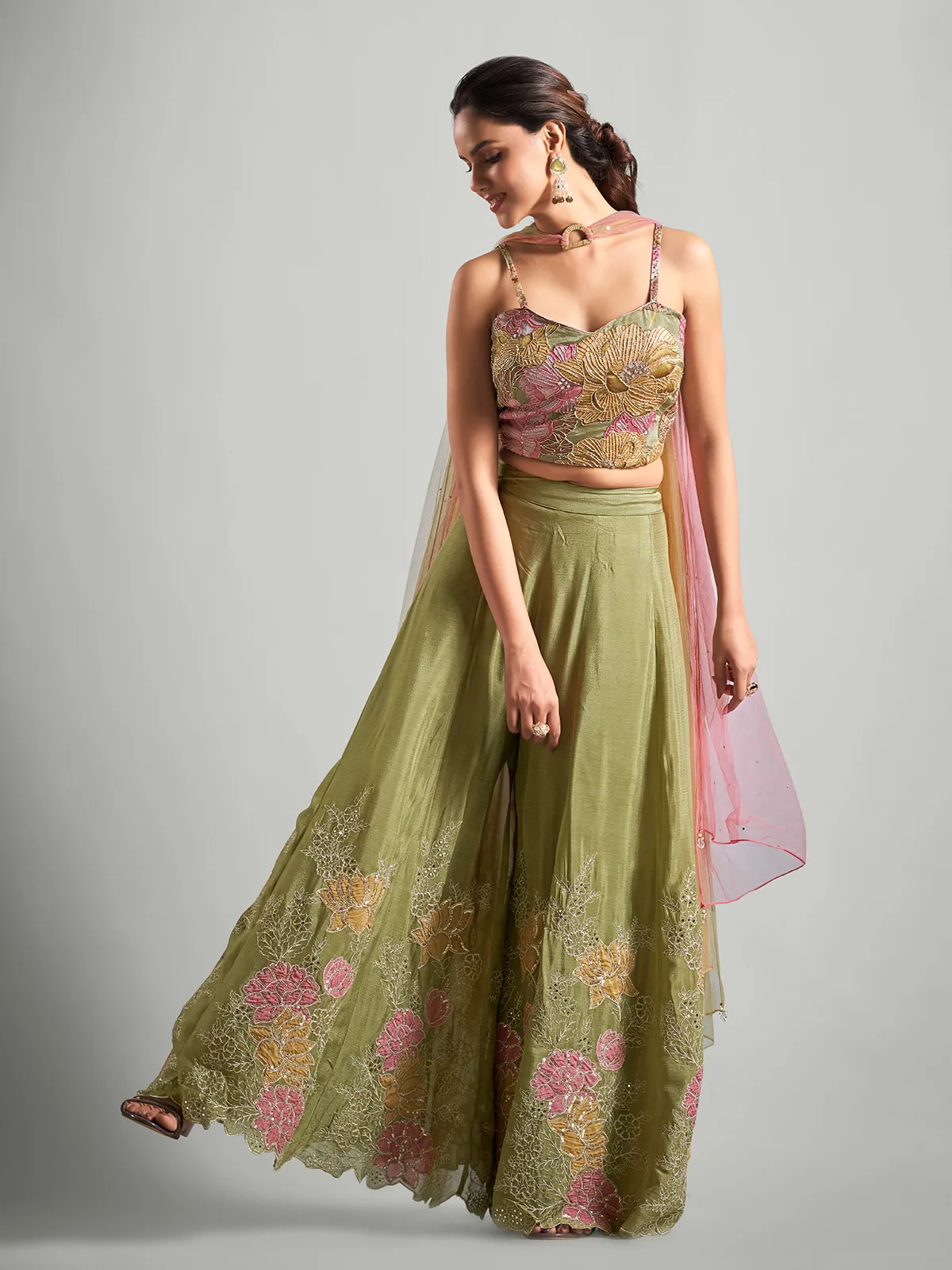 Sage green printed chiffon palazzo suit