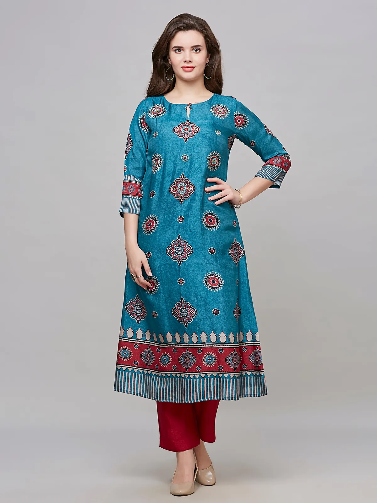 Trendy turquoise blue cotton kurti set