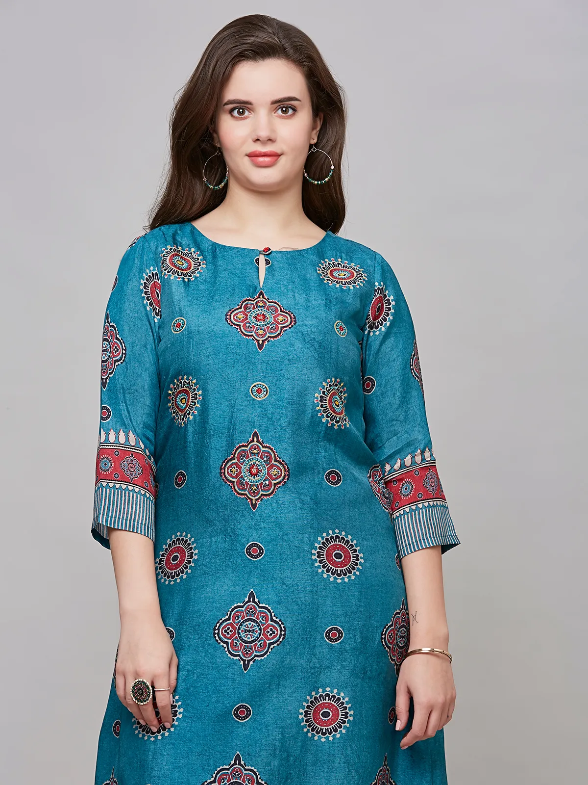 Trendy turquoise blue cotton kurti set