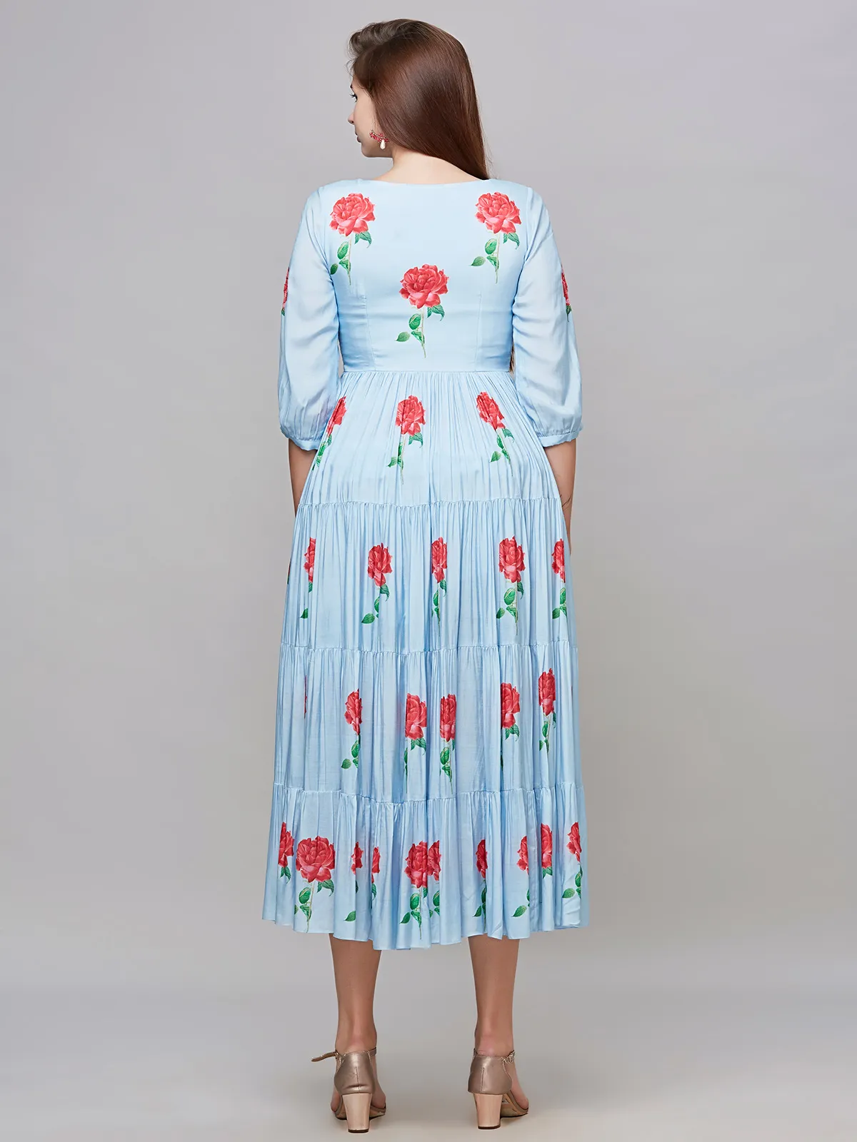 Floral printed baby blue cotton dress