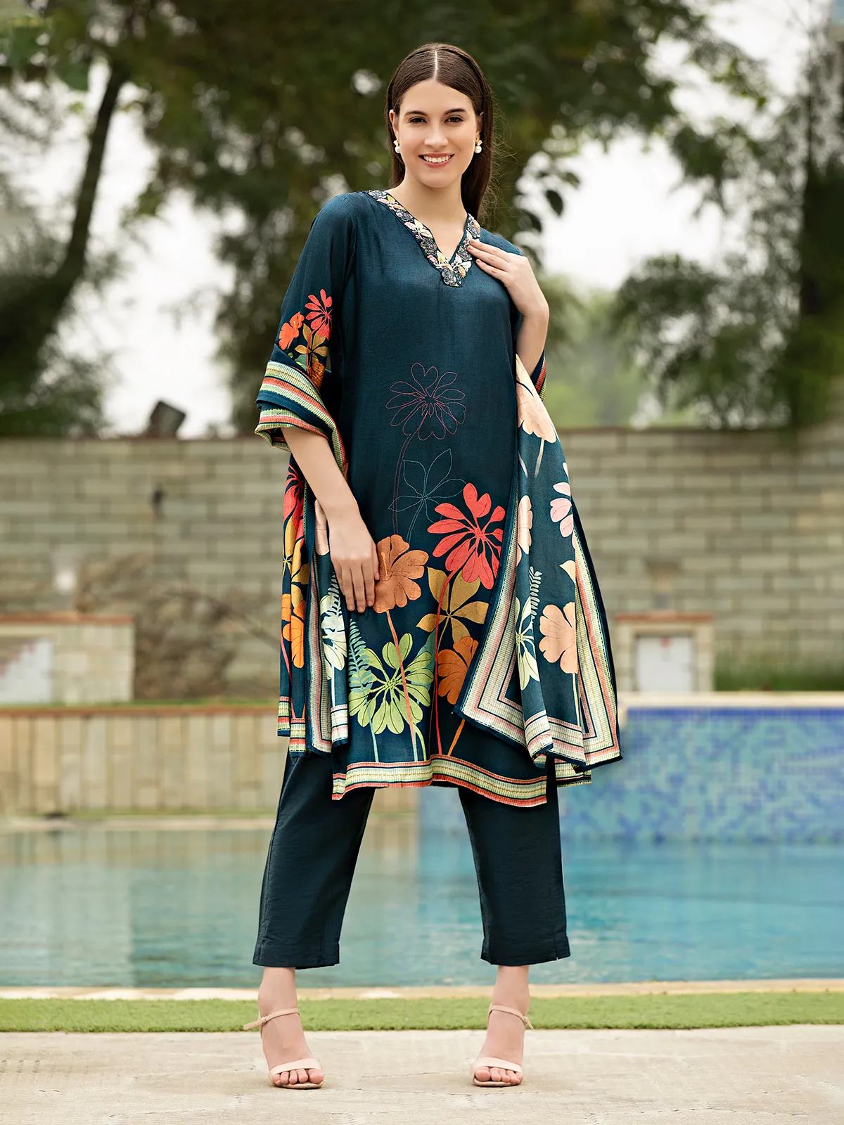 Dark blue printed silk kurti set