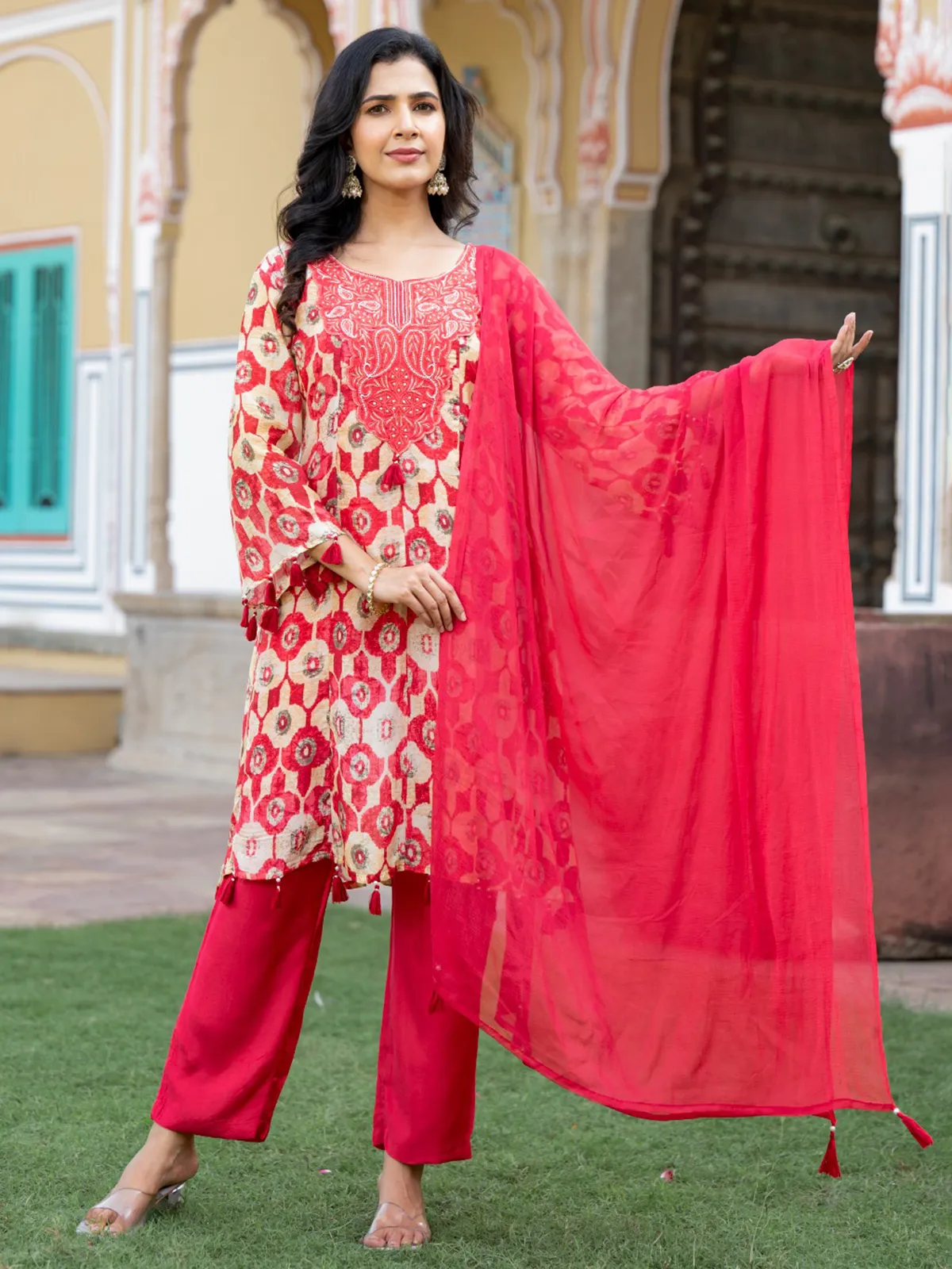 Pritnted cotton silk red salwar kameez