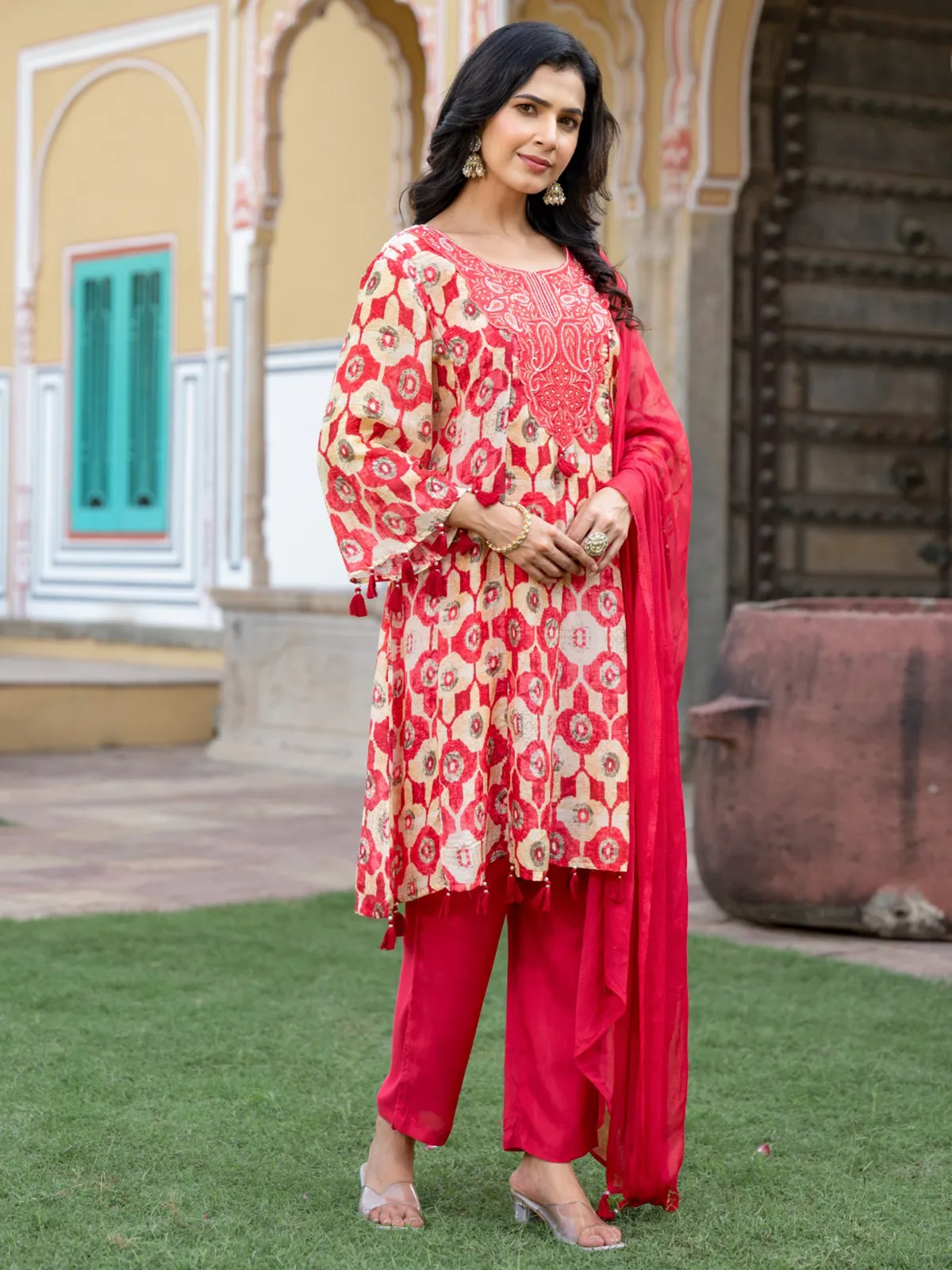 Pritnted cotton silk red salwar kameez