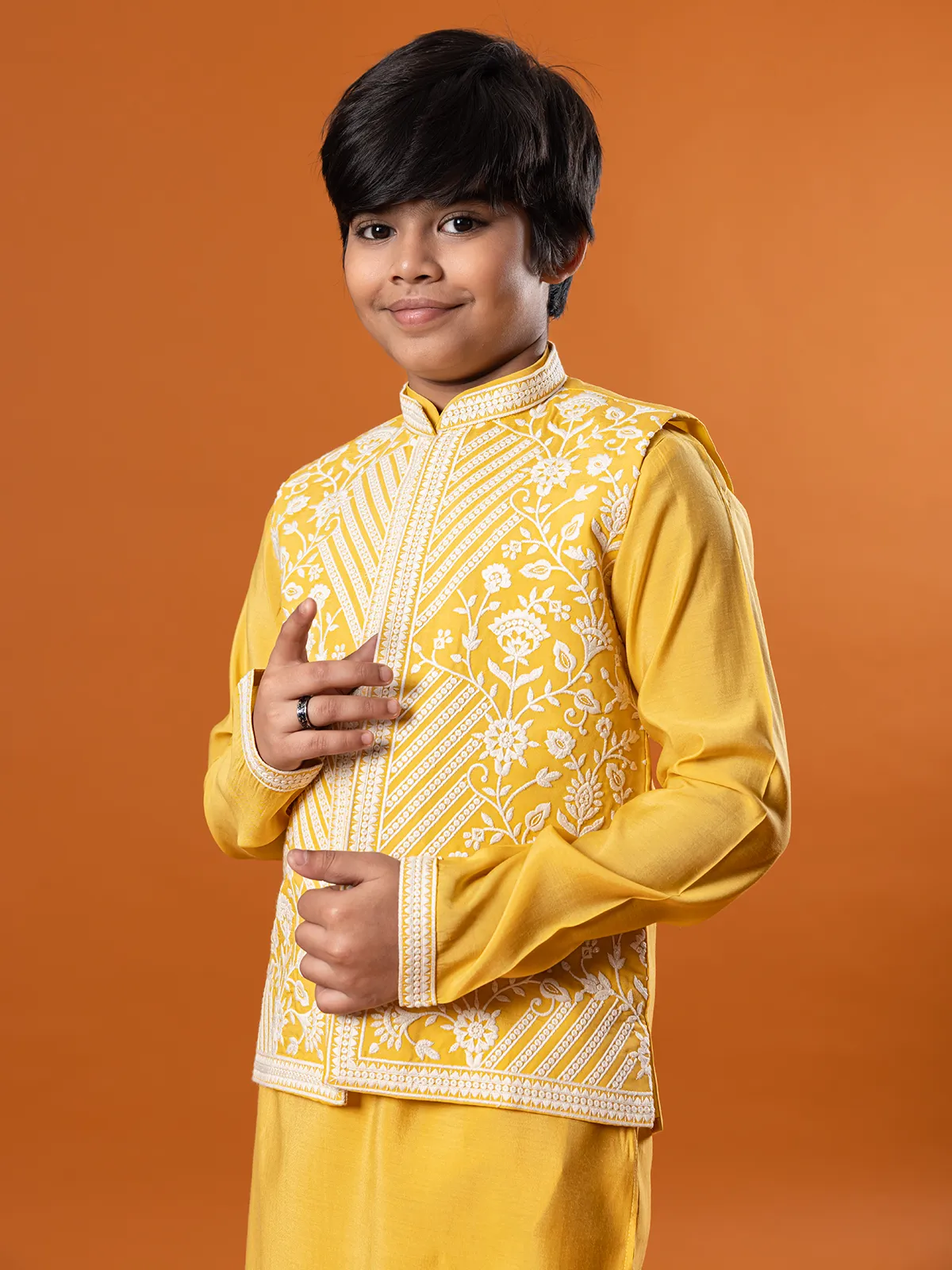 Embroidered silk yellow waistcoat set for boys