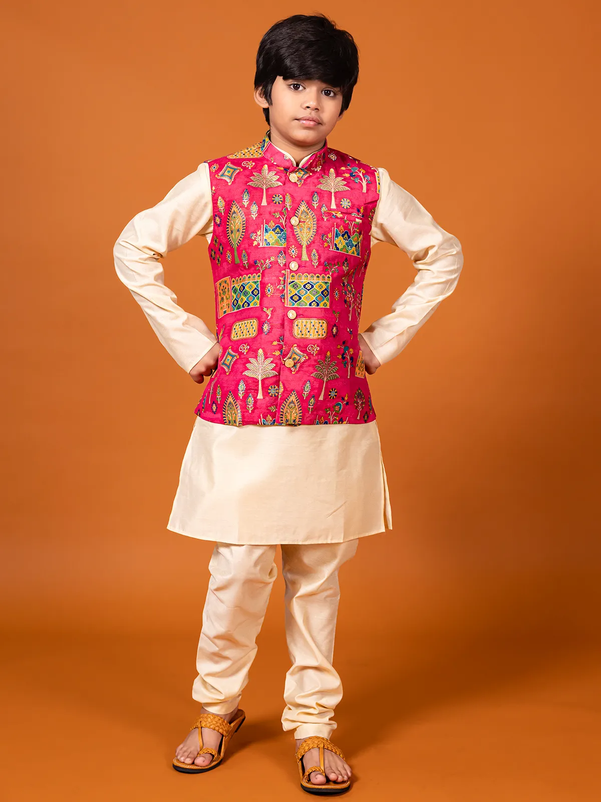 Cream and maroon silk waistcoat set for boys