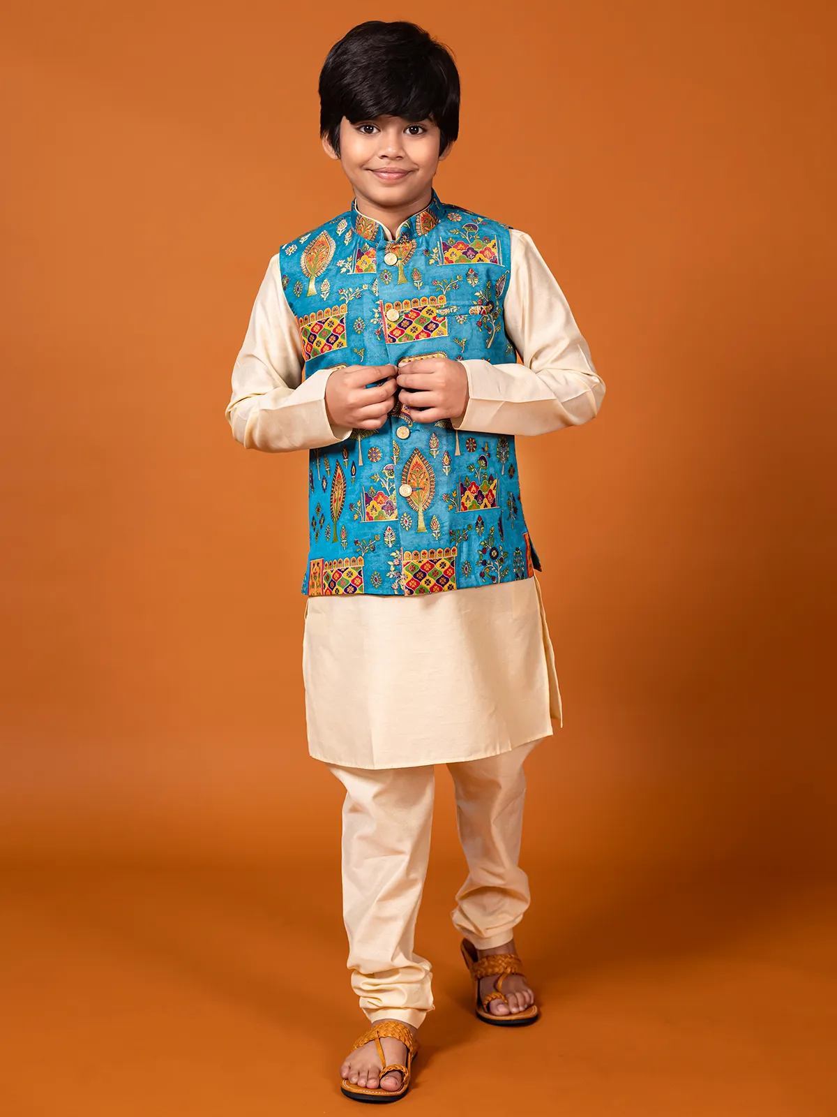 Cream and rama blue silk waistcoat set for boys