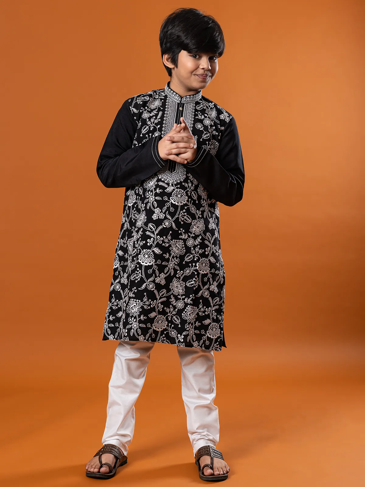 Black kurta suit in fine embroidery for festival