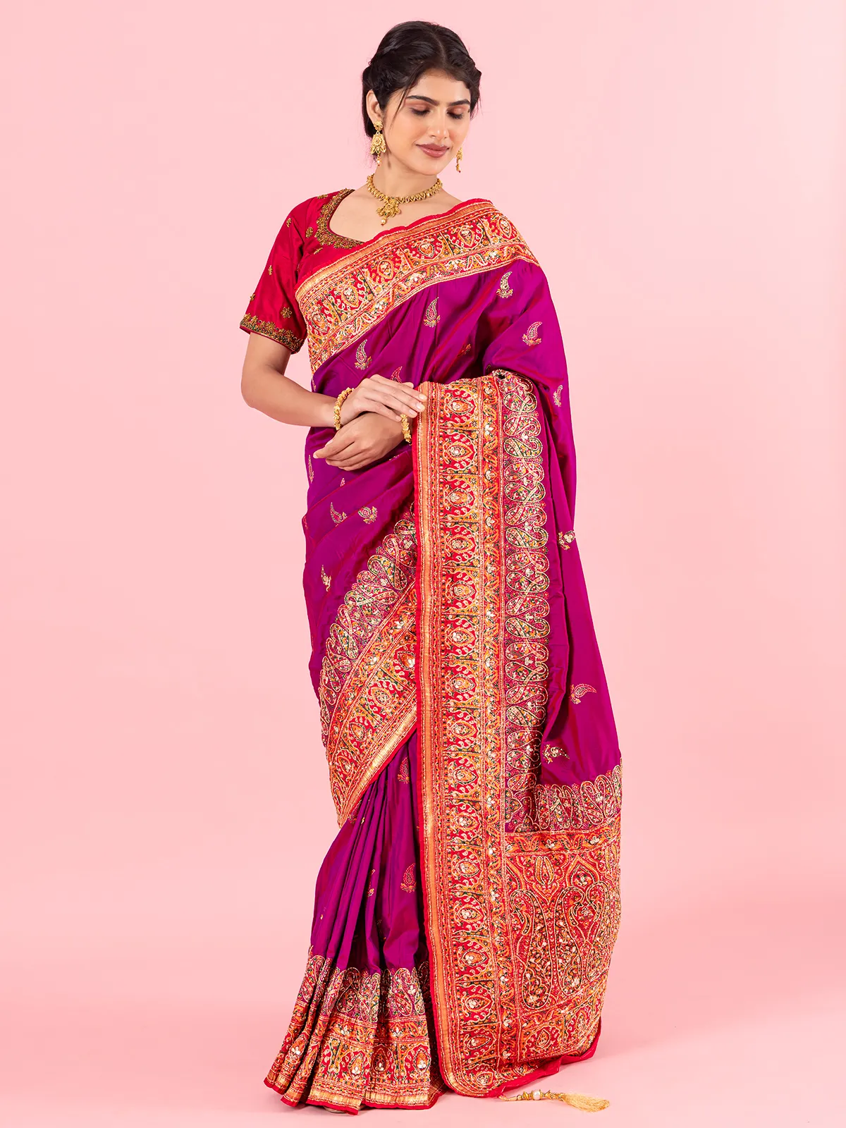 Rani color banarasi silk saree in zari weaving