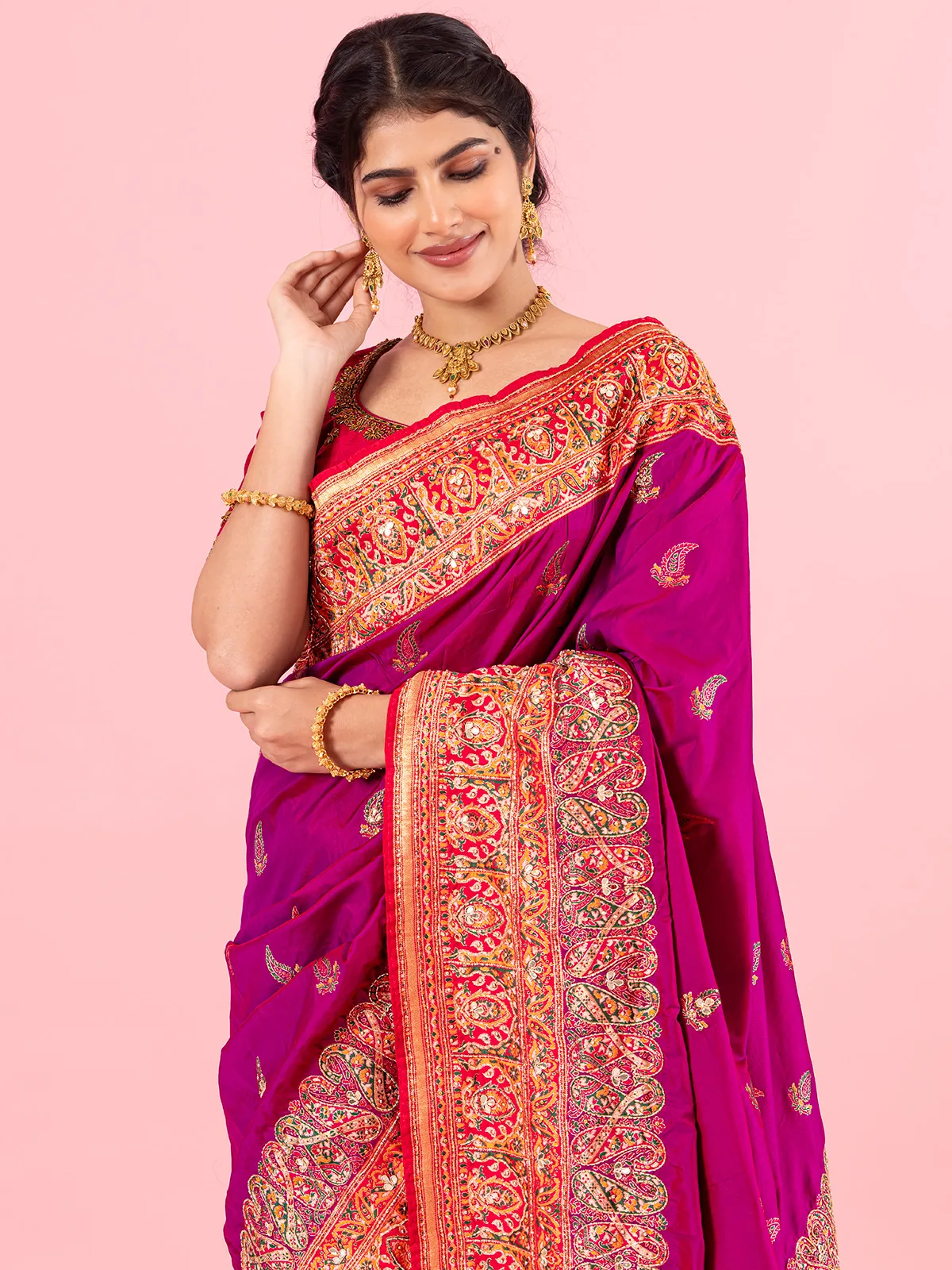 Rani color banarasi silk saree in zari weaving