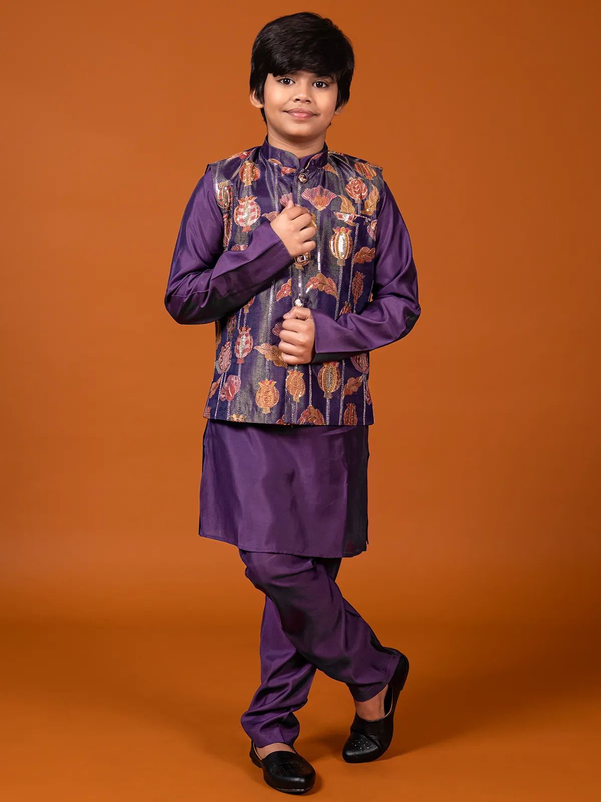 Purple cotton silk waistcoat for boys