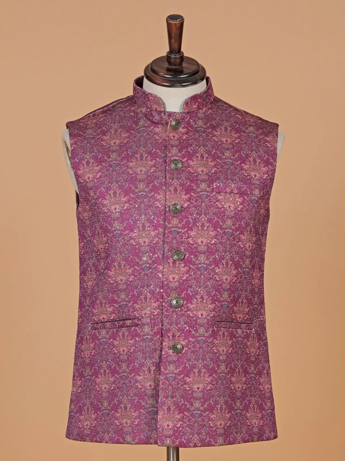 Wine printed cotton silk waistcoat for men