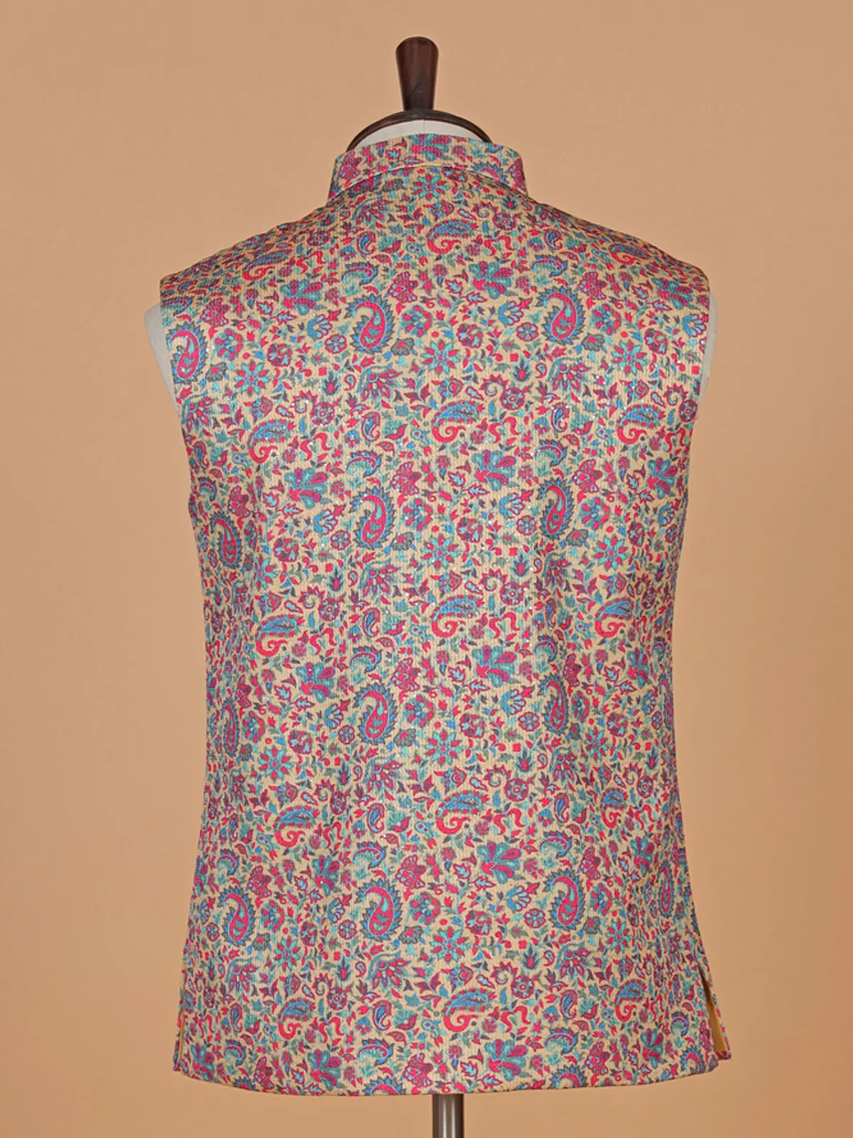 Ethnic printed beige cotton silk waistcoat for festive