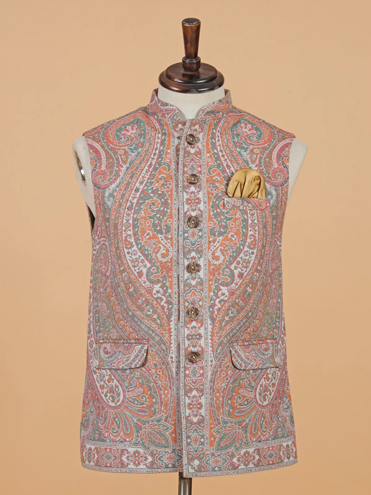 Orange designer printed silk waistcoat