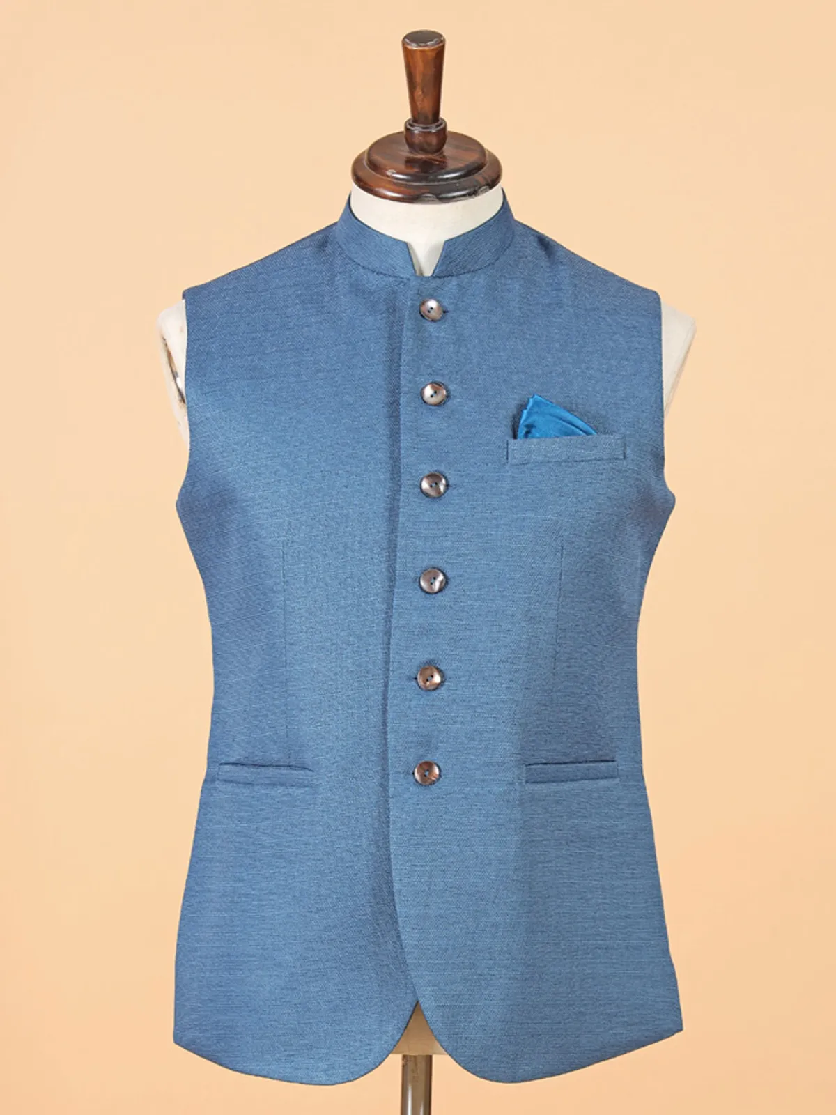 Blue cotton silk simple waistcoat for men