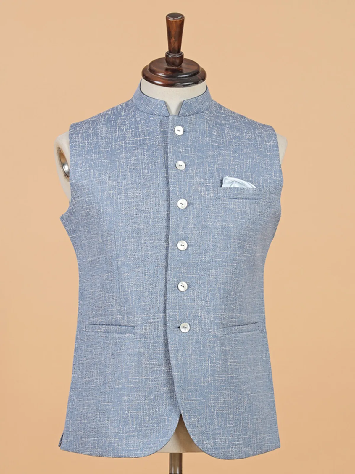 Powder blue cotton silk waistcoat for men