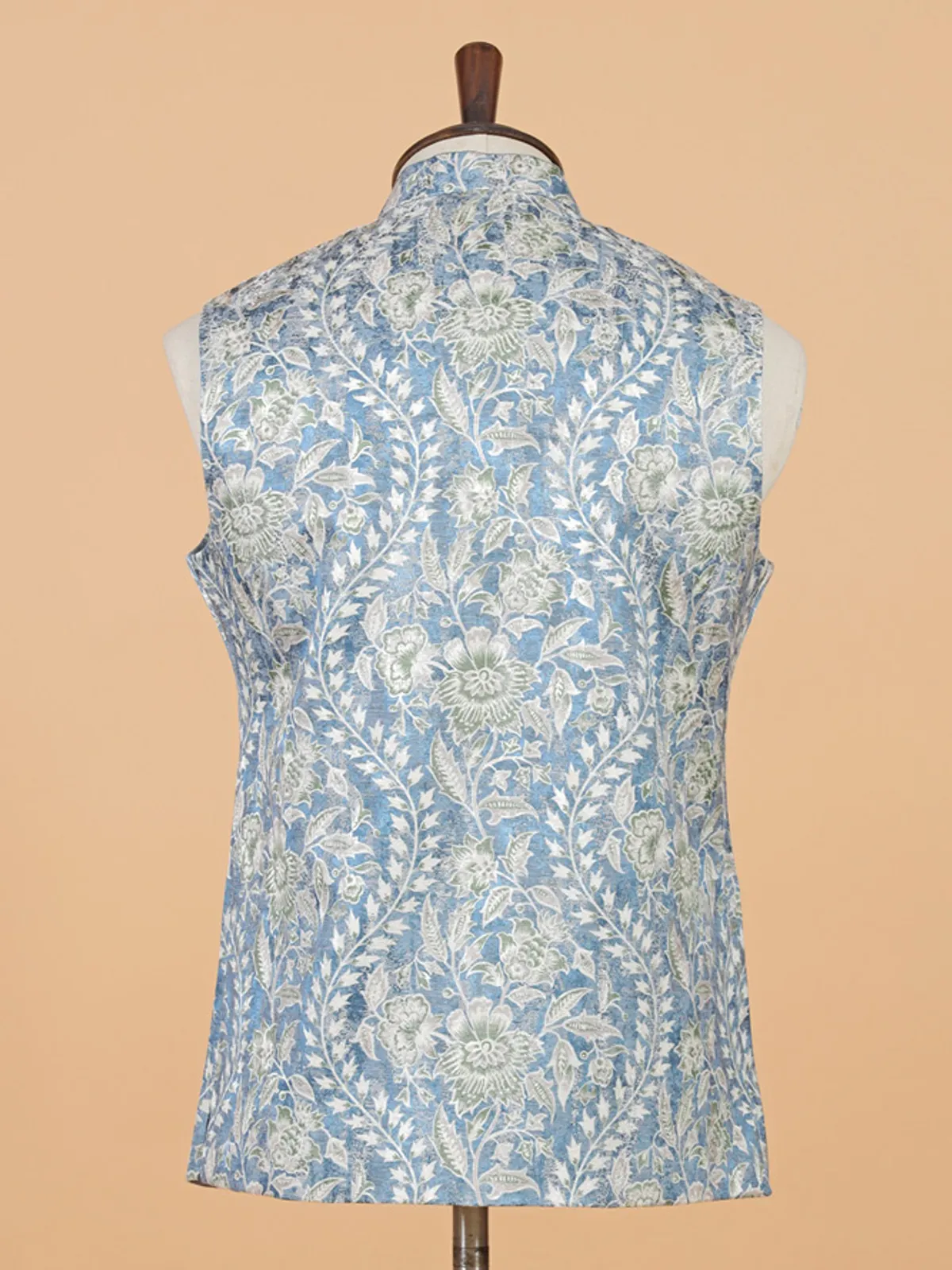 Blue printed cotton silk waistcoat for festival