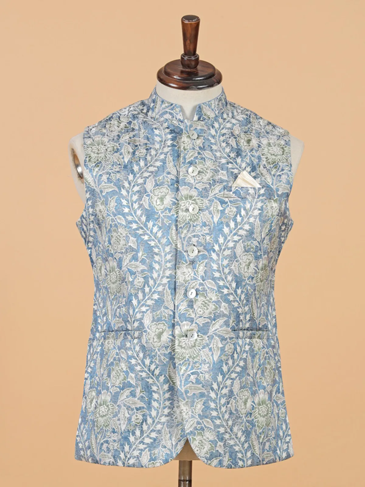 Blue printed cotton silk waistcoat for festival