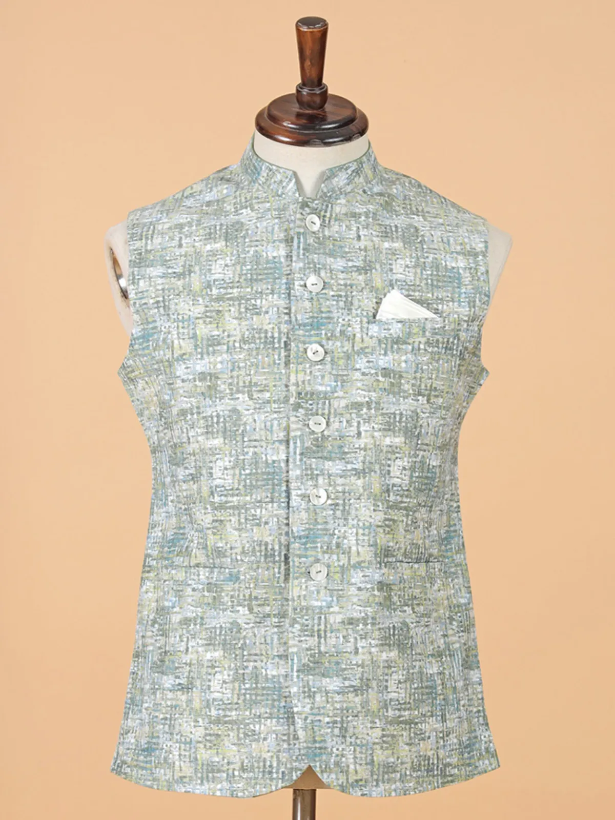 Green cotton silk printed waistcoat for men for festive