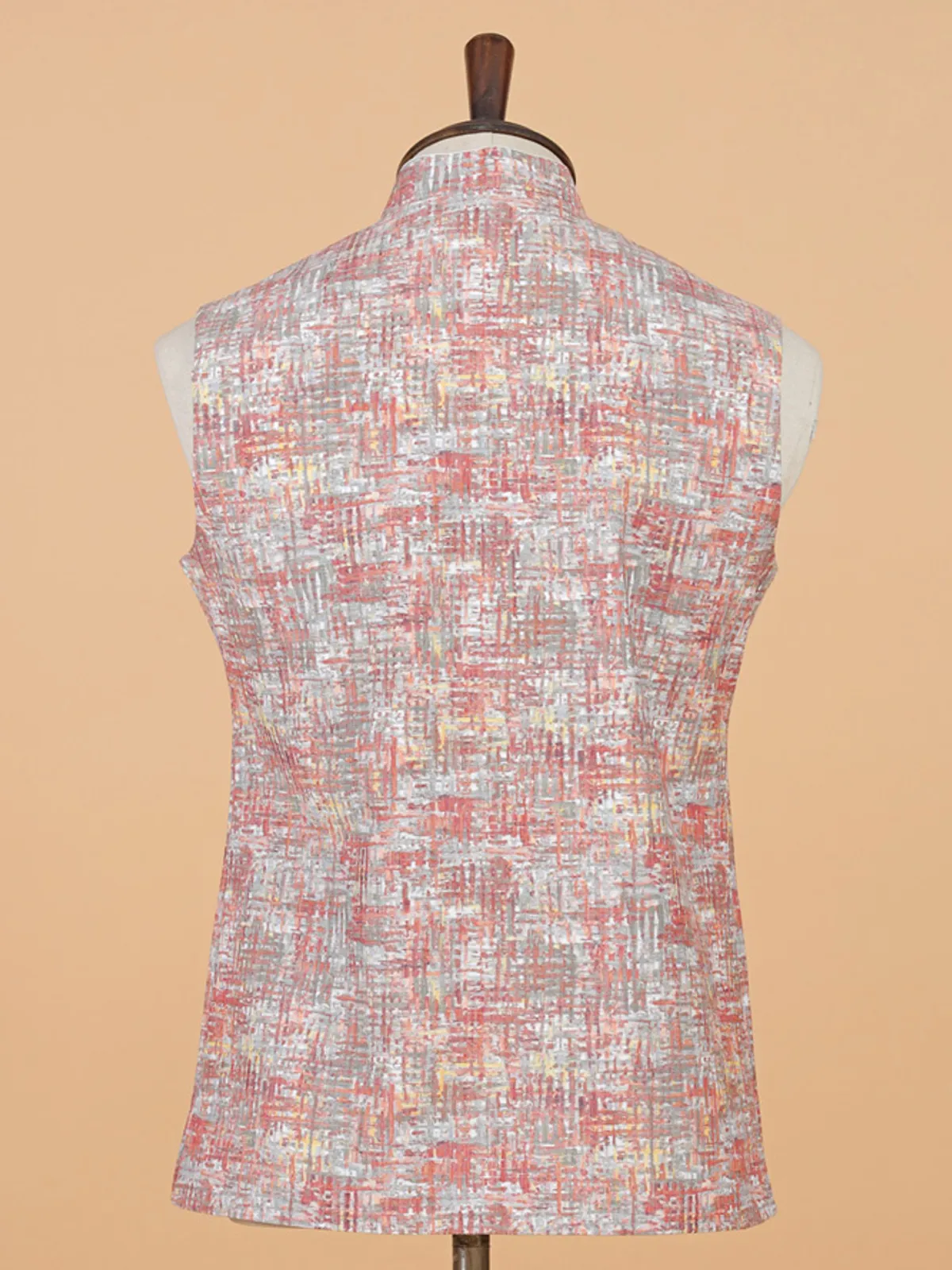 Peach cotton silk printed waistcoat for men