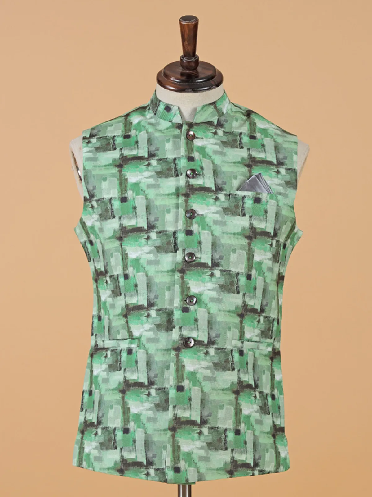 Elegant pista green printed waistcoat in silk