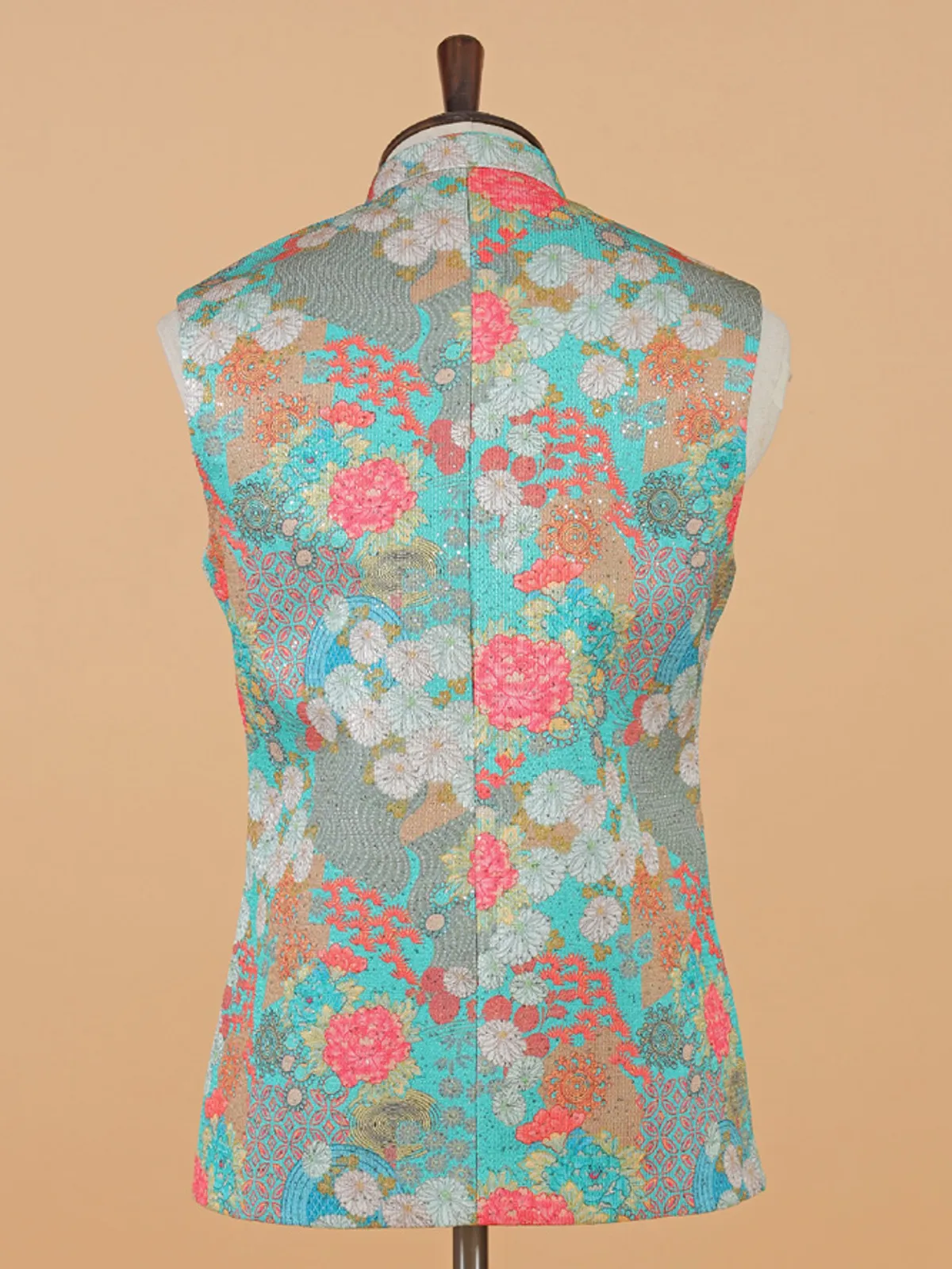 Silk floral printed aqua waistcoat