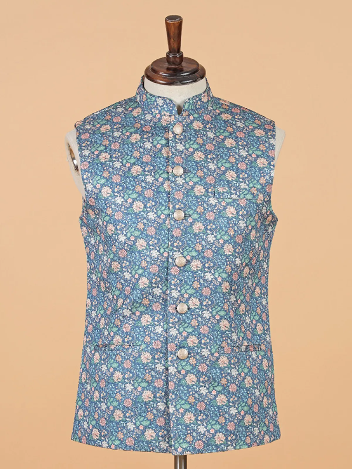 Blue printed silk waistcoat for festival