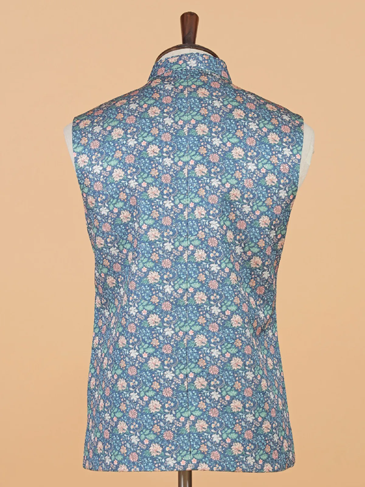 Blue printed silk waistcoat for festival