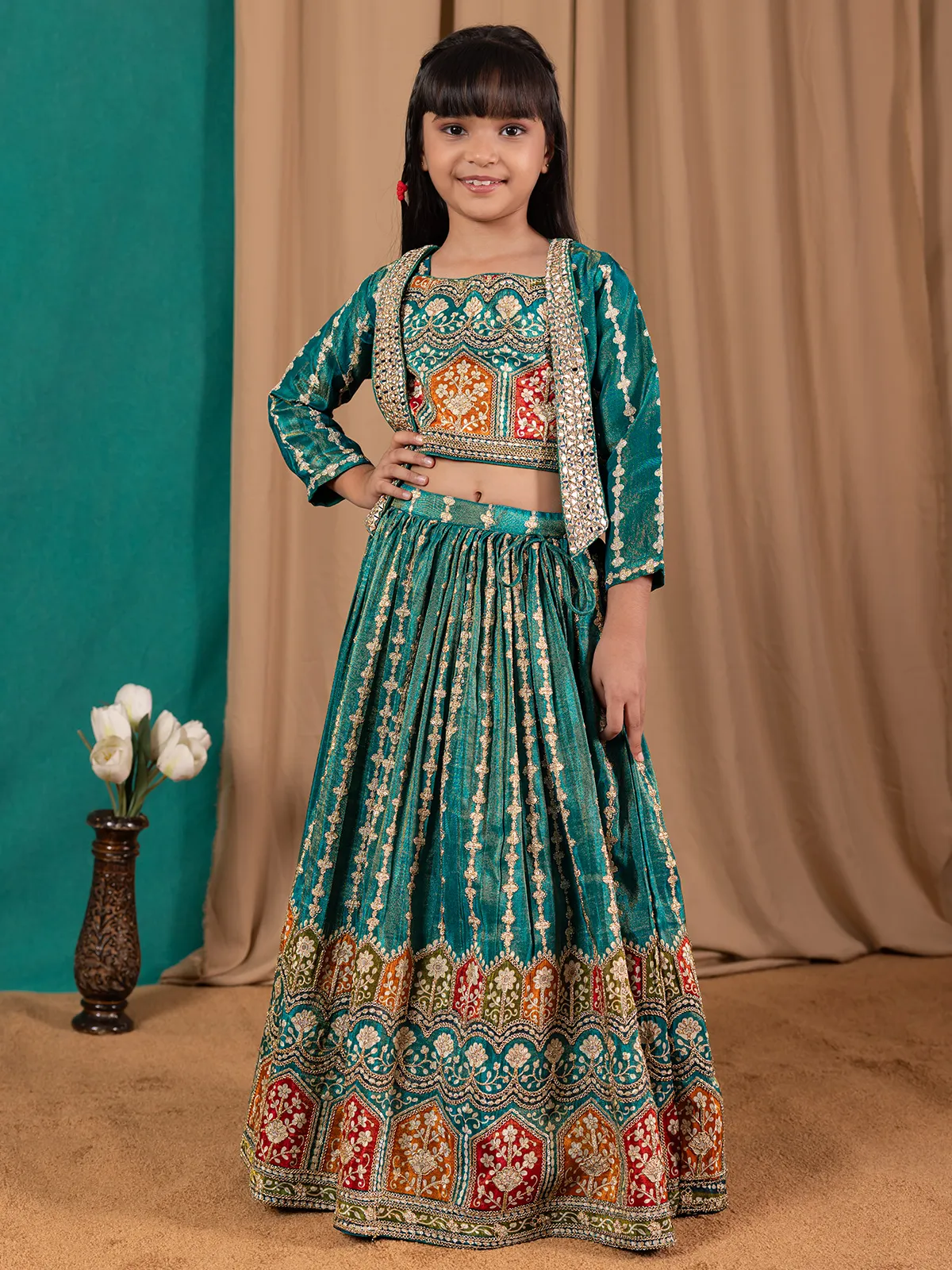 Silk green lehenga choli with jacket