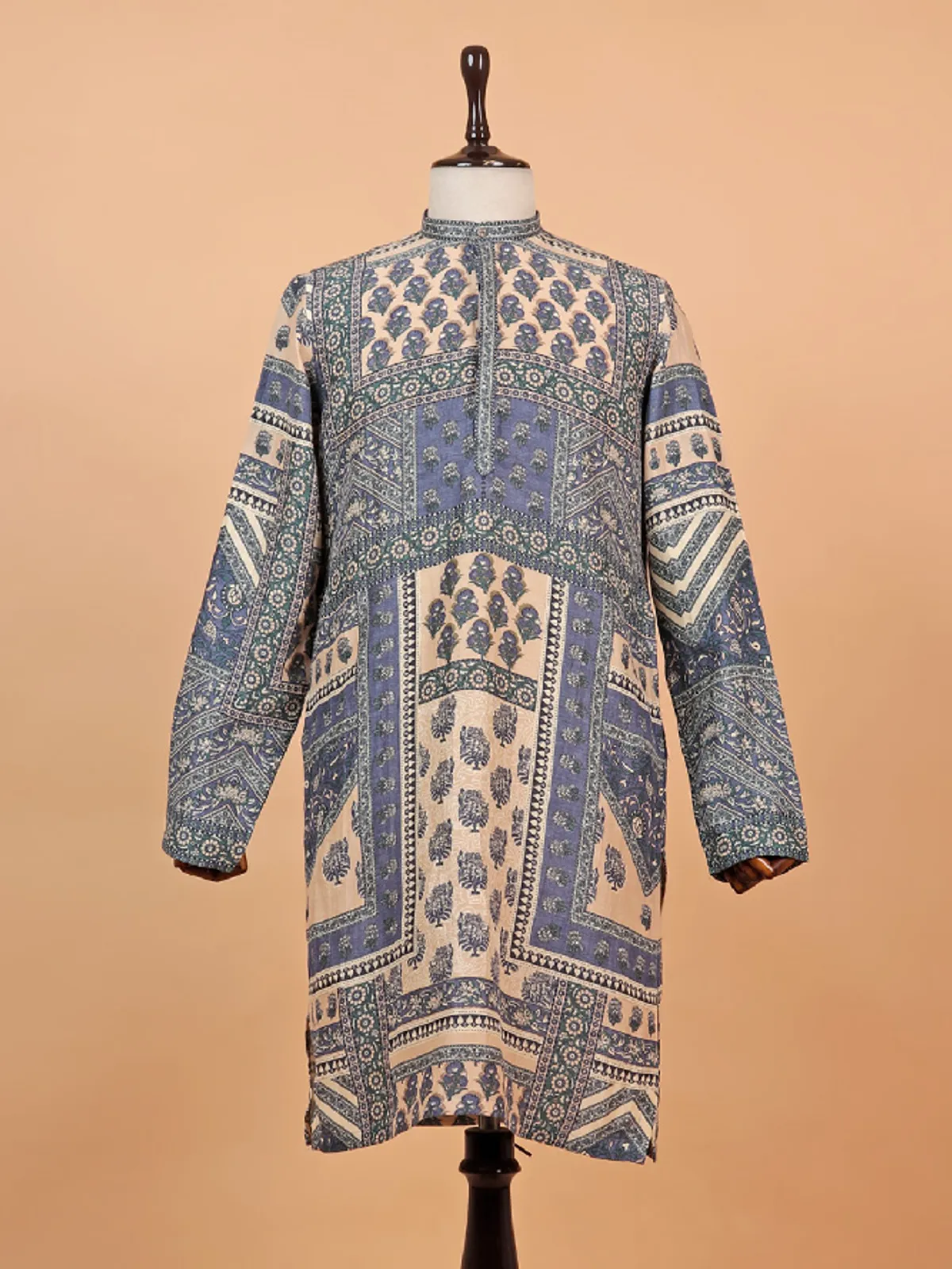 Beige and blue cotton kurta with ethnic print