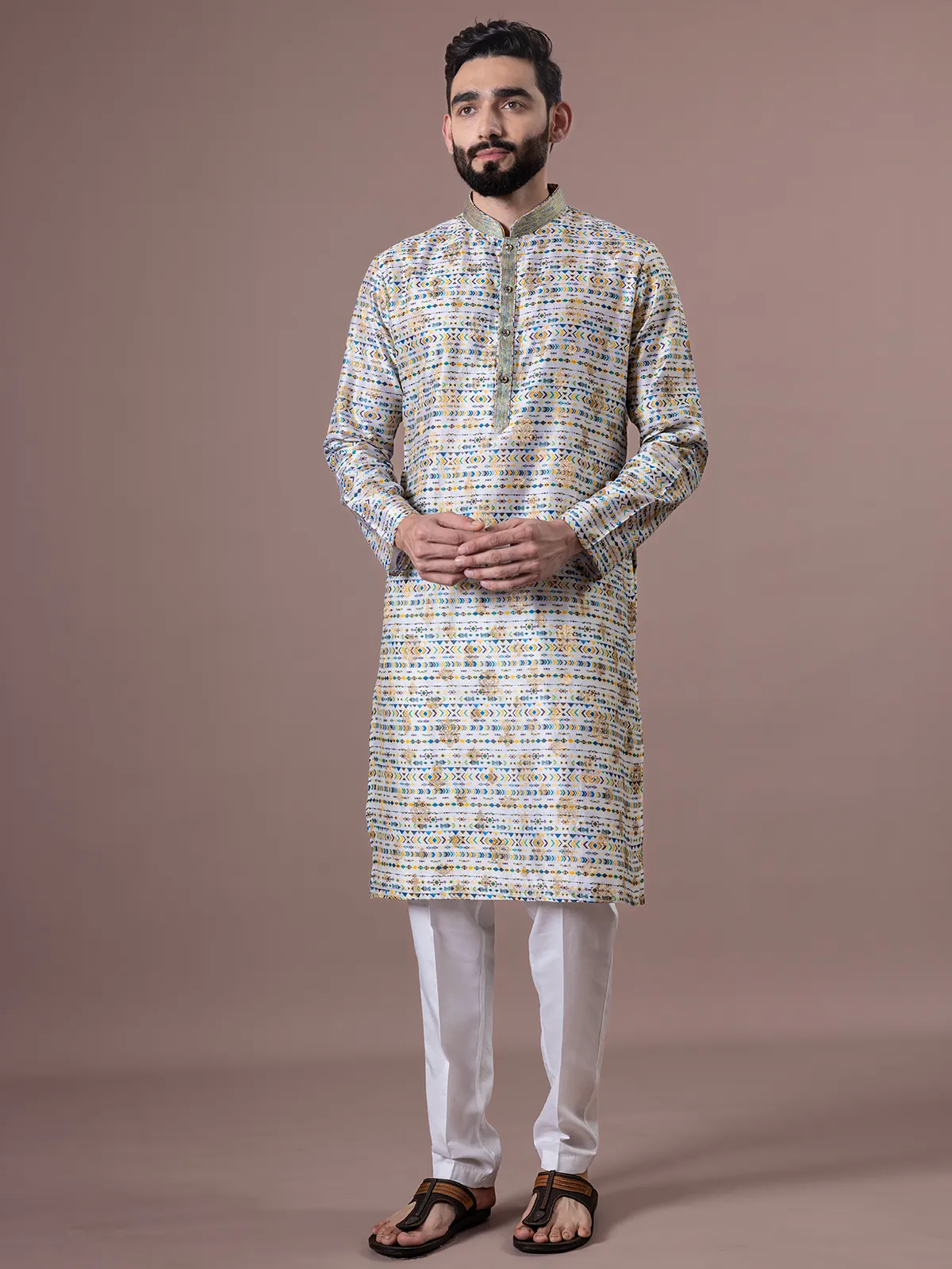 Beige zari printed cotton silk kurta suit for men