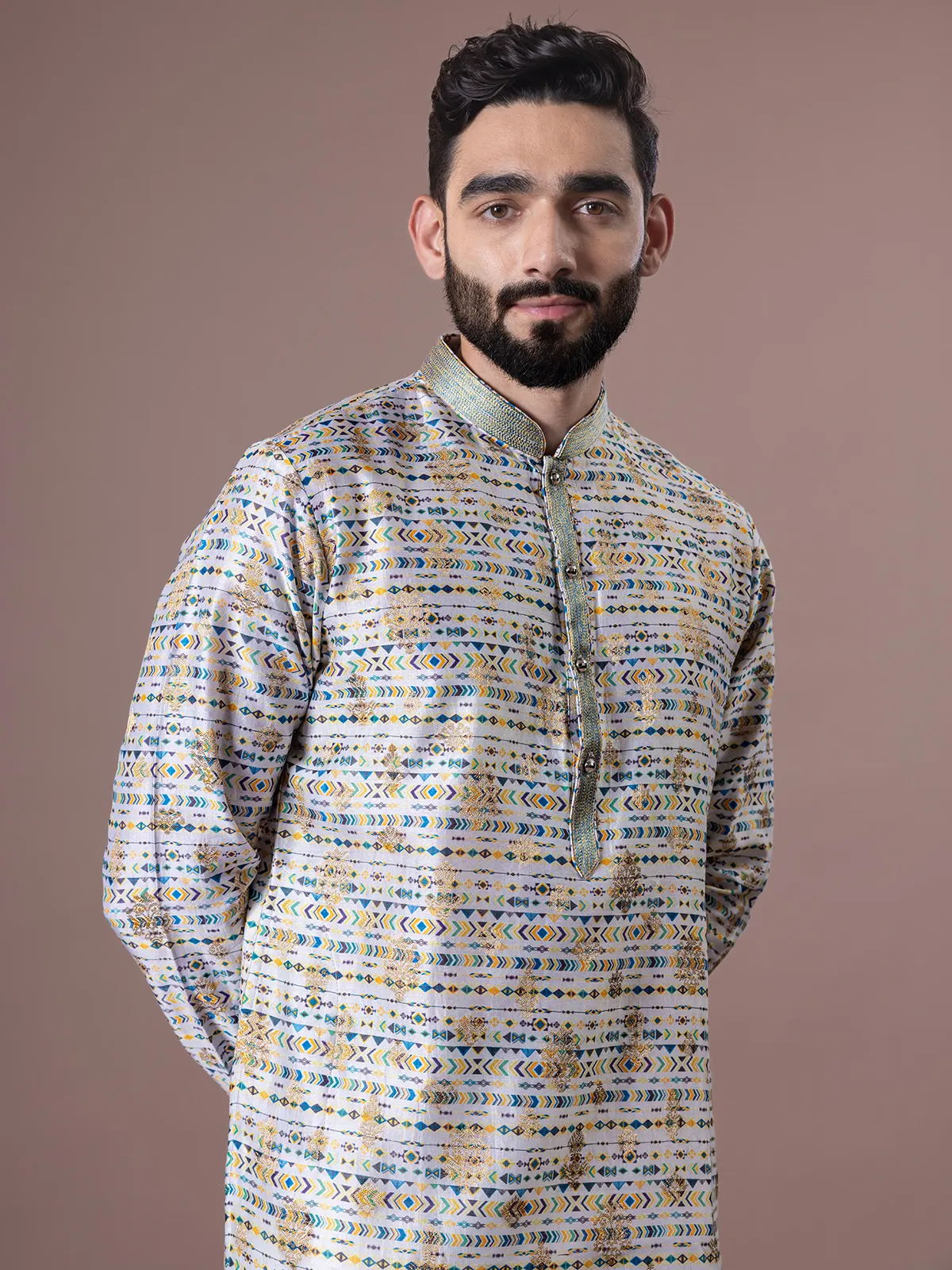 Beige zari printed cotton silk kurta suit for men