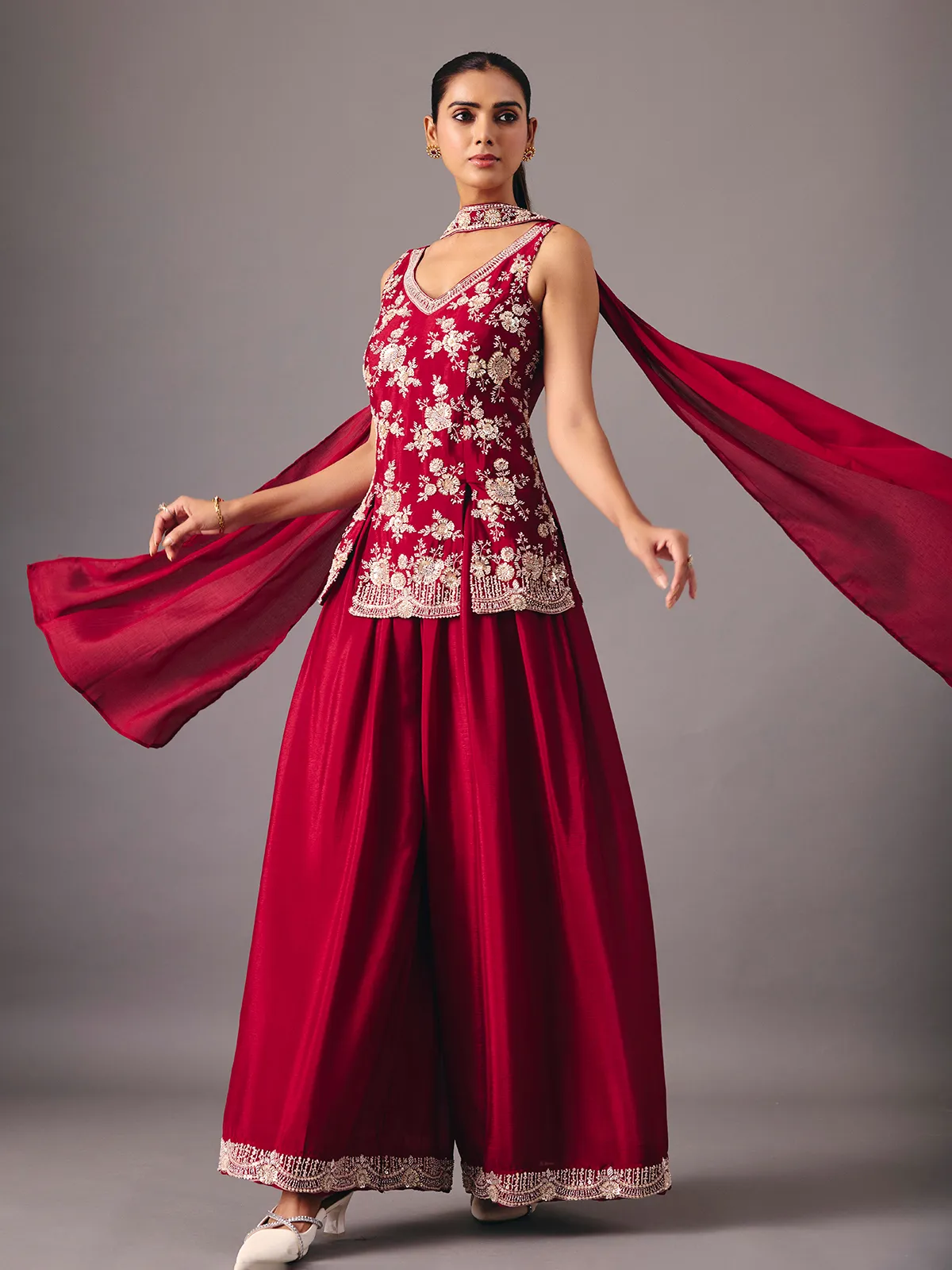 Maroon silk palazzo suit with rich festive detailing