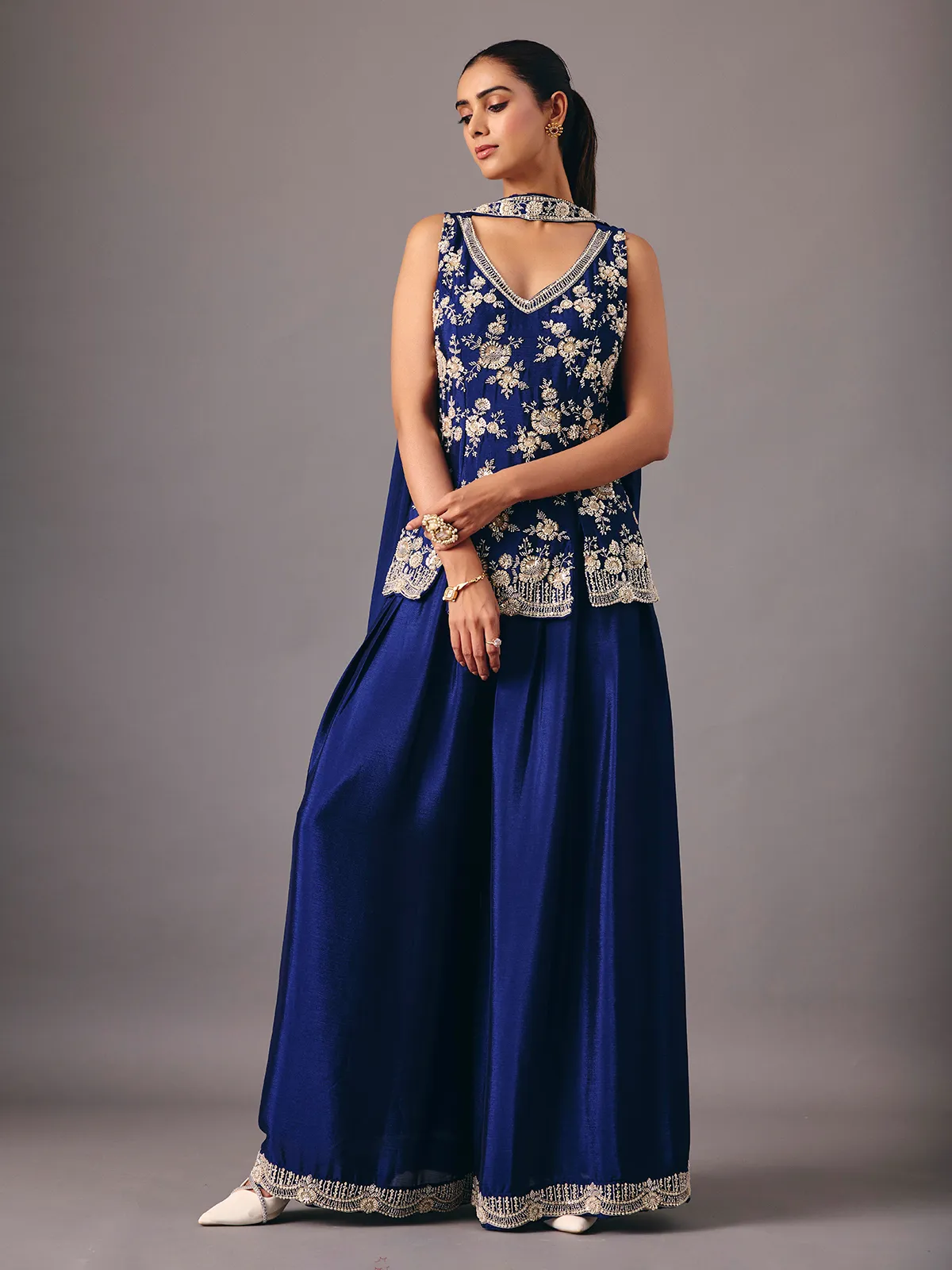 Navy blue silk palazzo suit elegant festive style