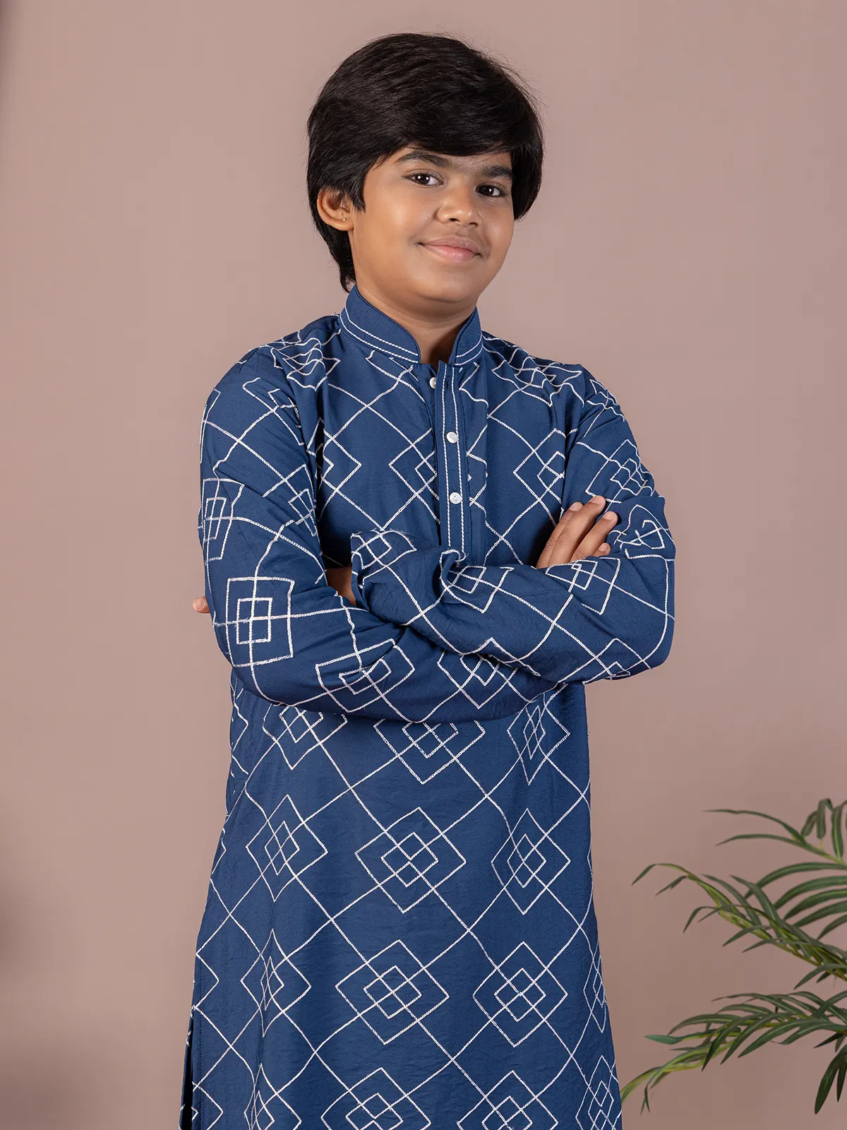 Stone blue cotton thread work festive kurta suit